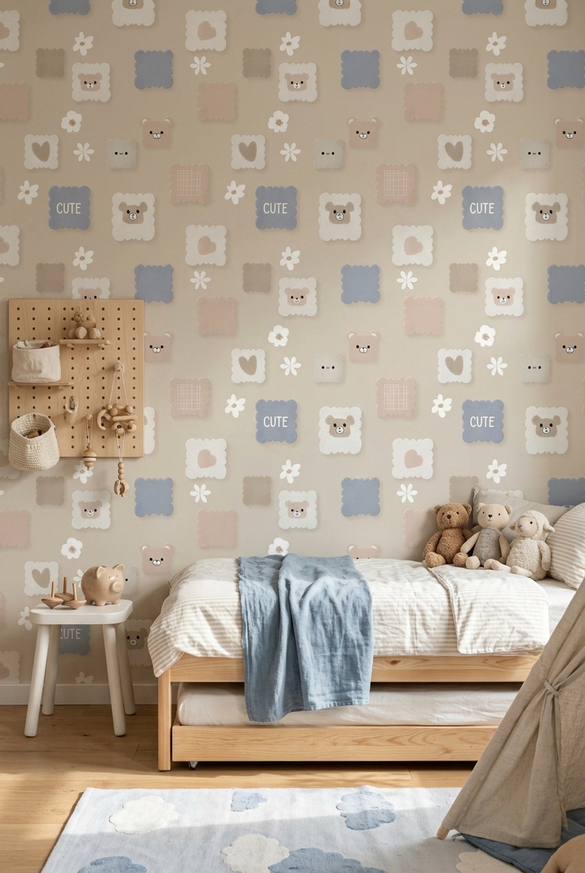 Sevimli Ayıcık Desenli Duvar Kağıdı Pastel Çocuk Odası