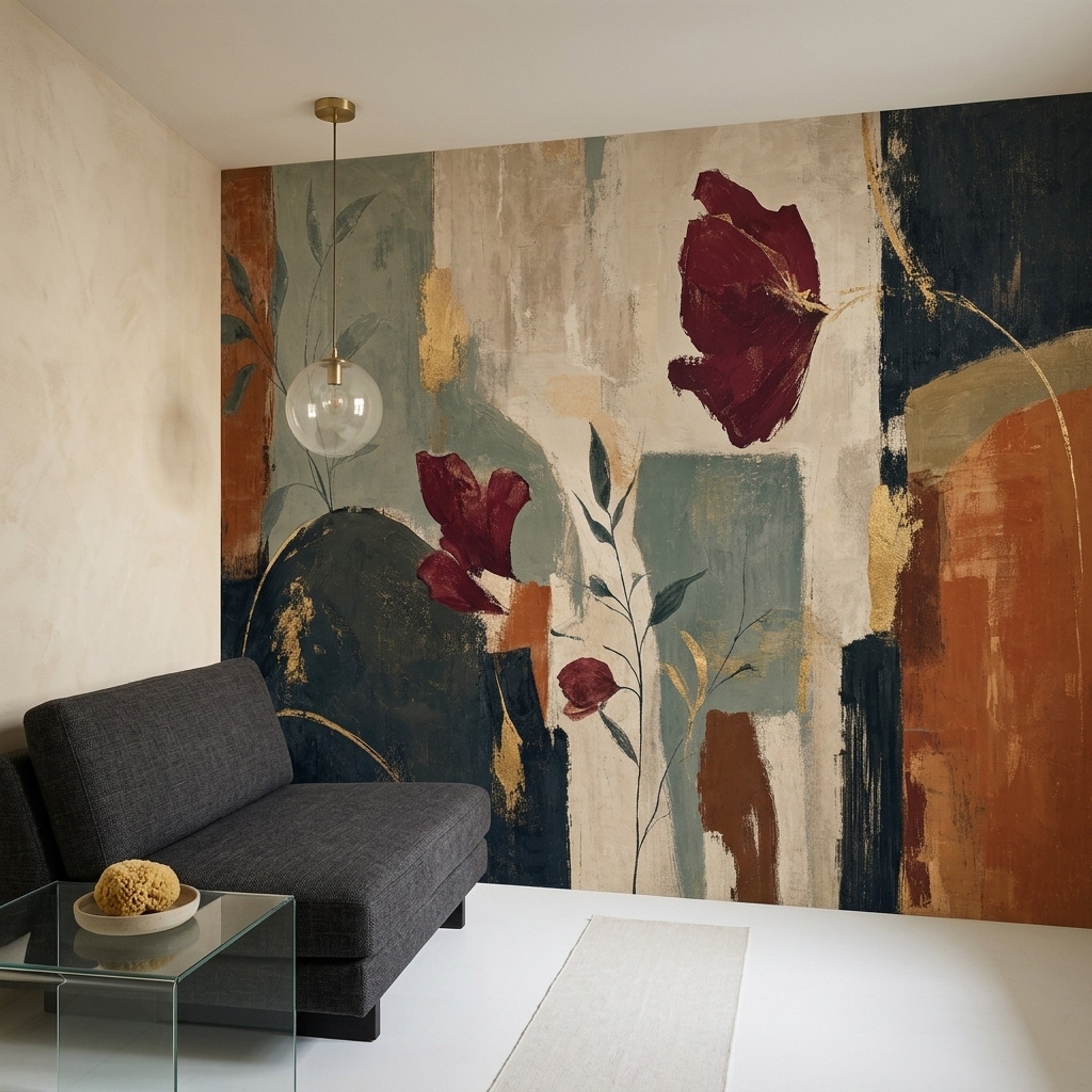 Soyut Çiçekli Poster Duvar Kağıdı Bordo Yeşil Salon