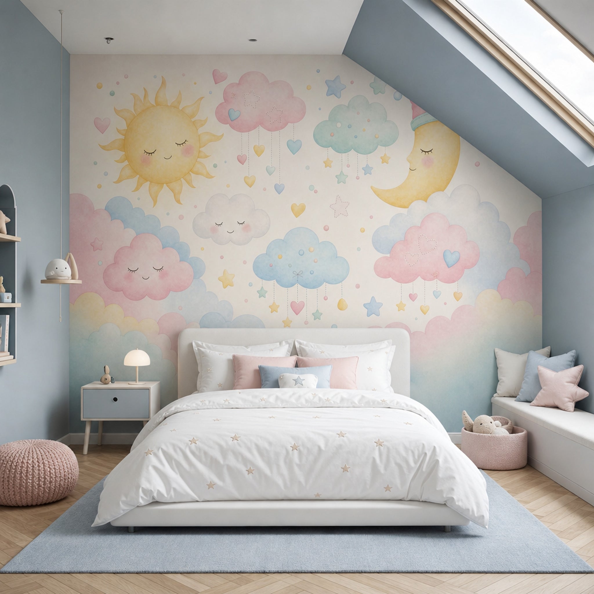 Güneş Ay Bulutlu Poster Duvar Kağıdı Pastel Bebek Odası