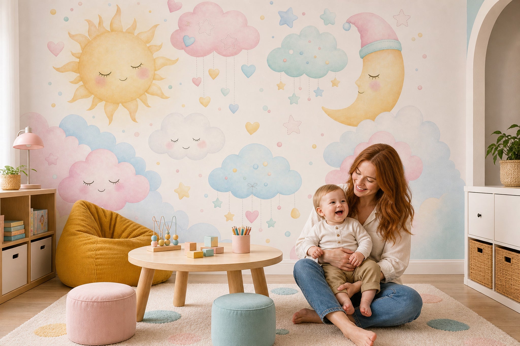 Güneş Ay Bulutlu Poster Duvar Kağıdı Pastel Bebek Odası