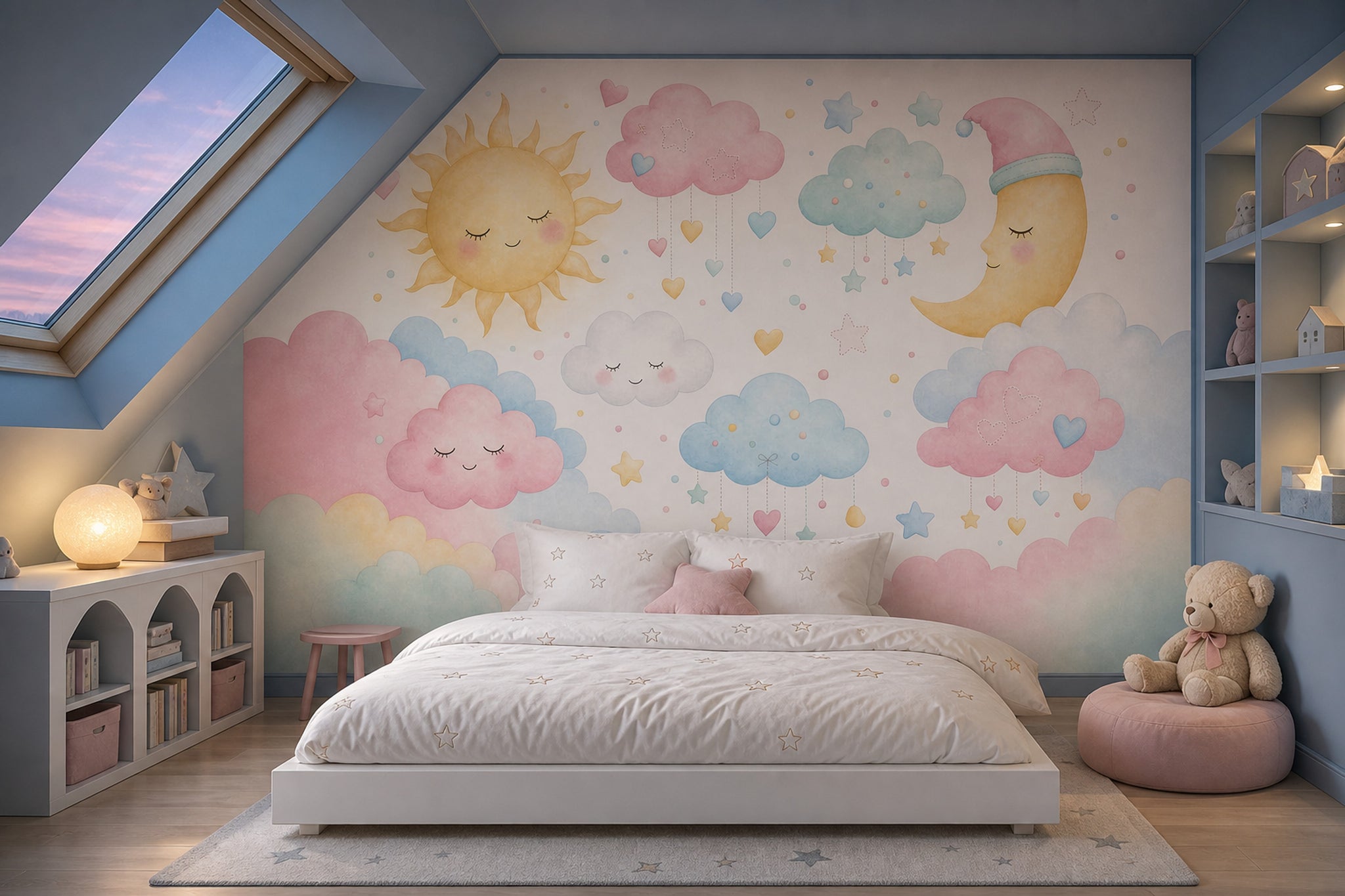Güneş Ay Bulutlu Poster Duvar Kağıdı Pastel Bebek Odası