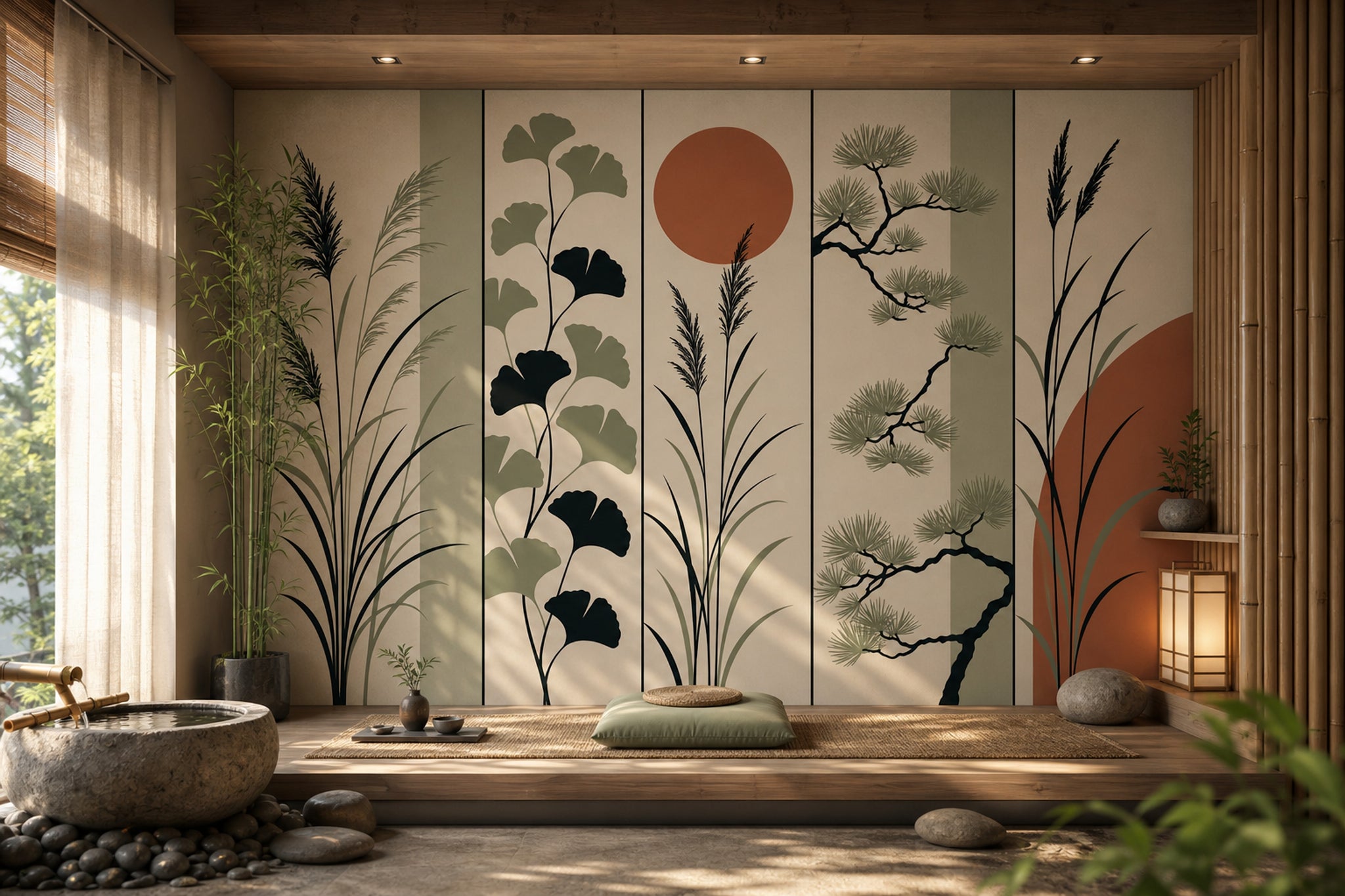 Japon Botanik Poster Duvar Kağıdı Bej Kiremit Salon