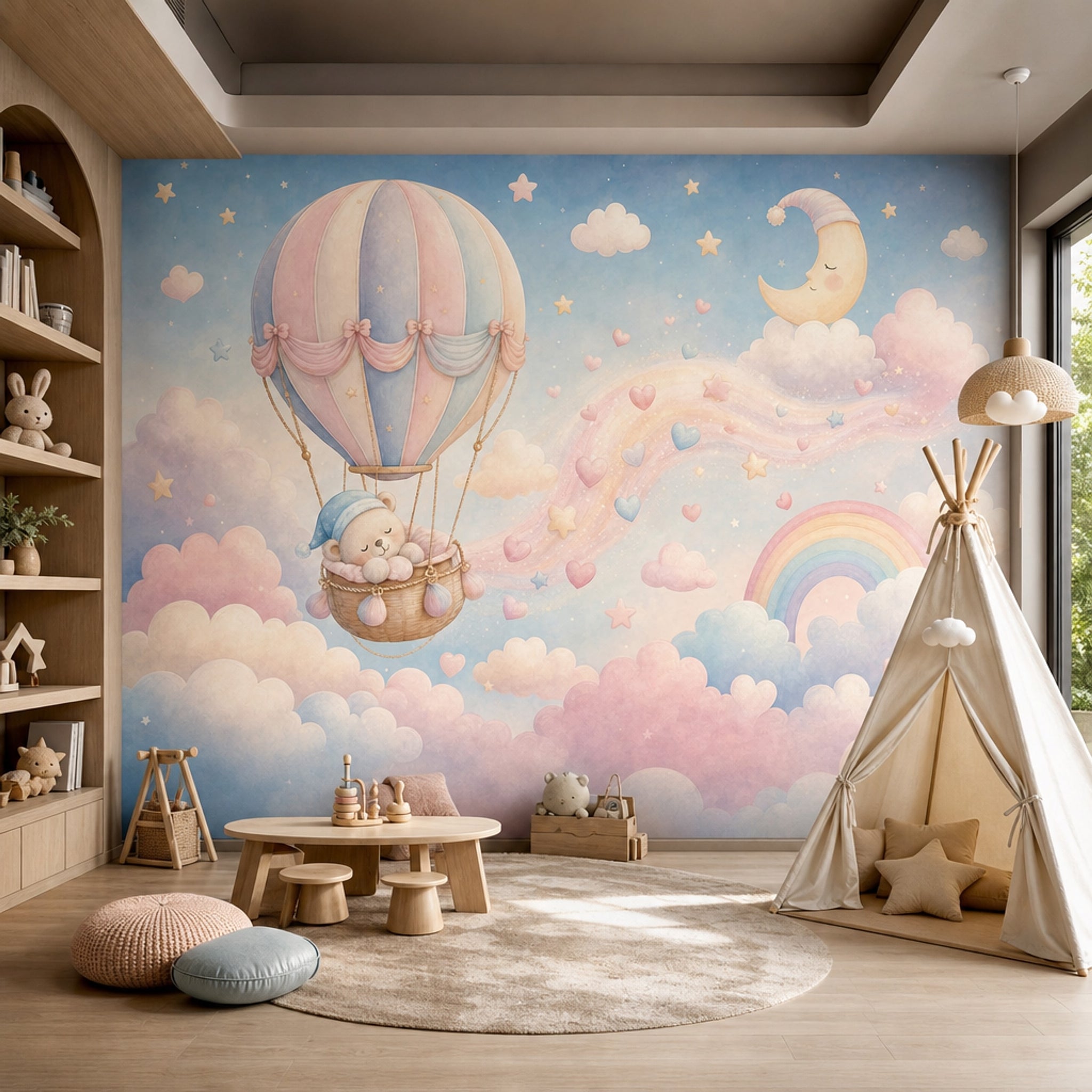 Balon Ay ve Gökkuşağı Poster Duvar Kağıdı Bebek Odası