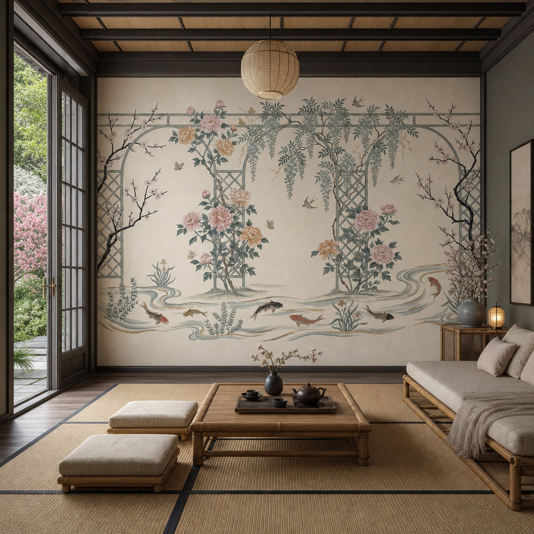 Japon Bahçesi Çiçekli Poster Duvar Kağıdı Bej Salon Duvarı