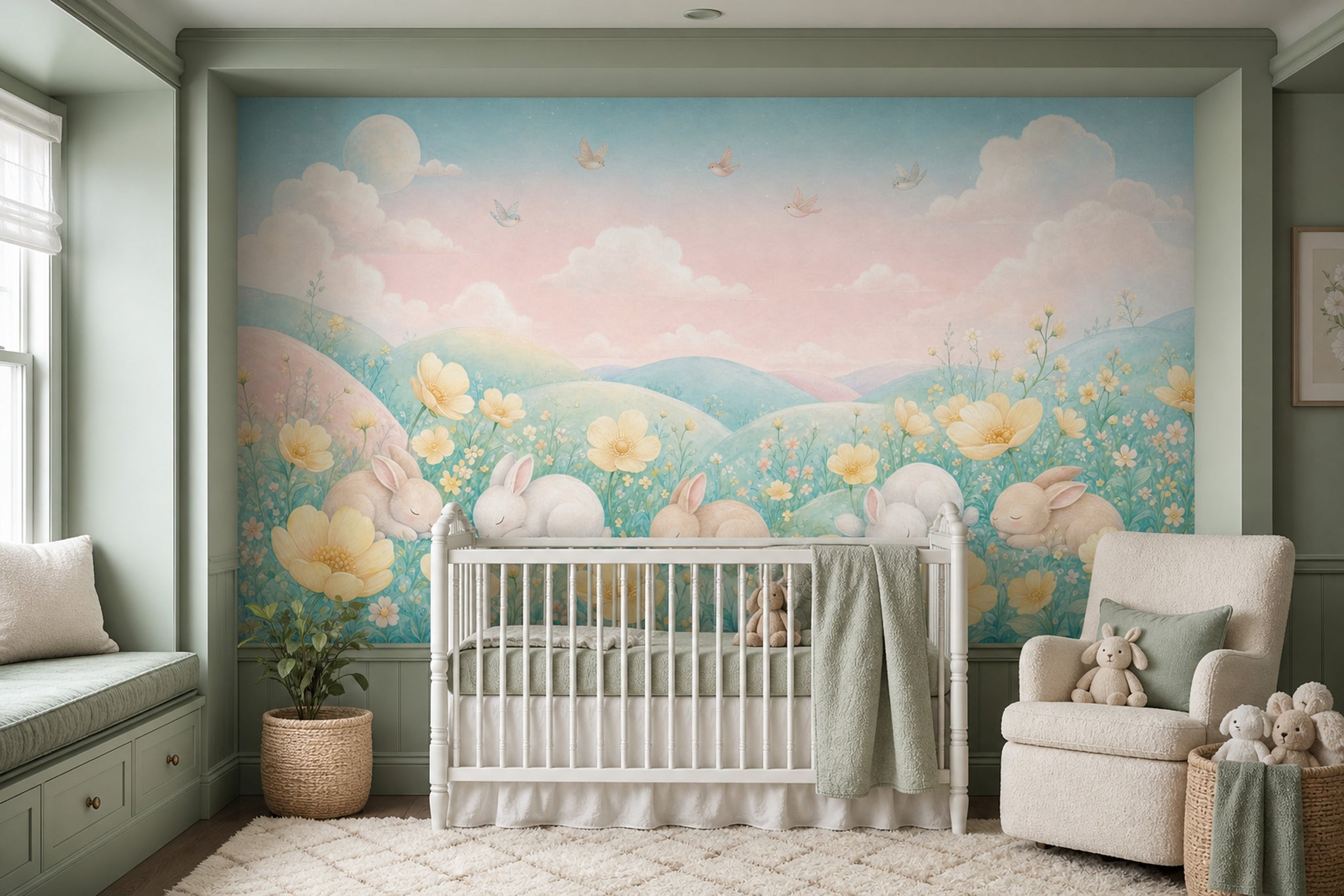 Tavşanlı Çiçekli Poster Duvar Kağıdı Pastel Çocuk Odası