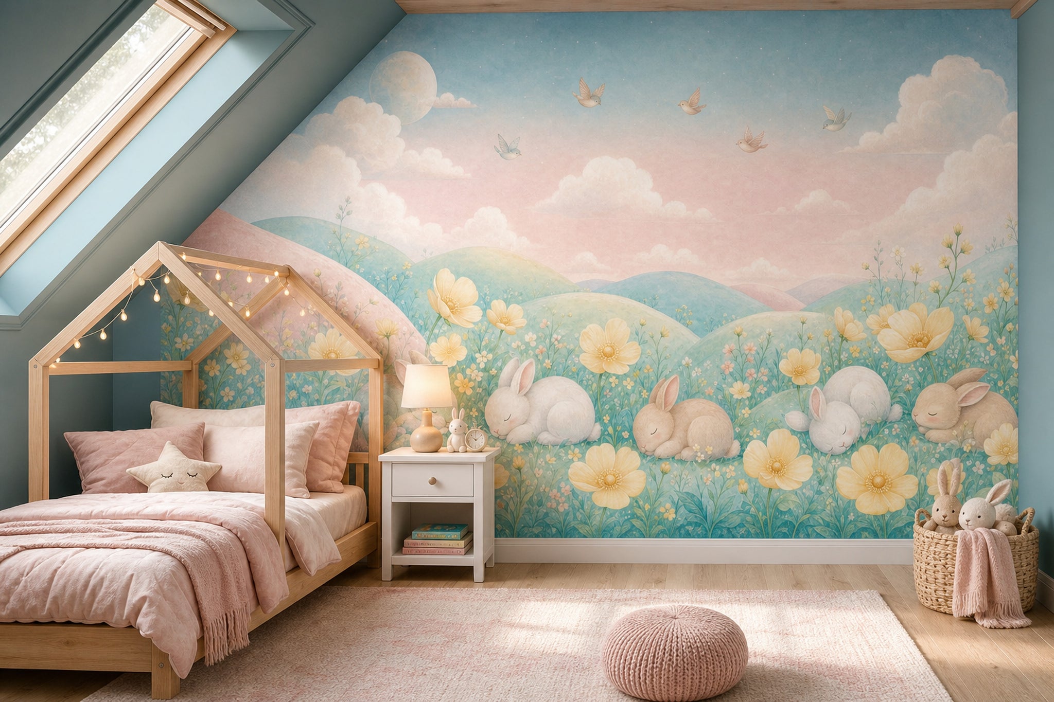 Tavşanlı Çiçekli Poster Duvar Kağıdı Pastel Çocuk Odası