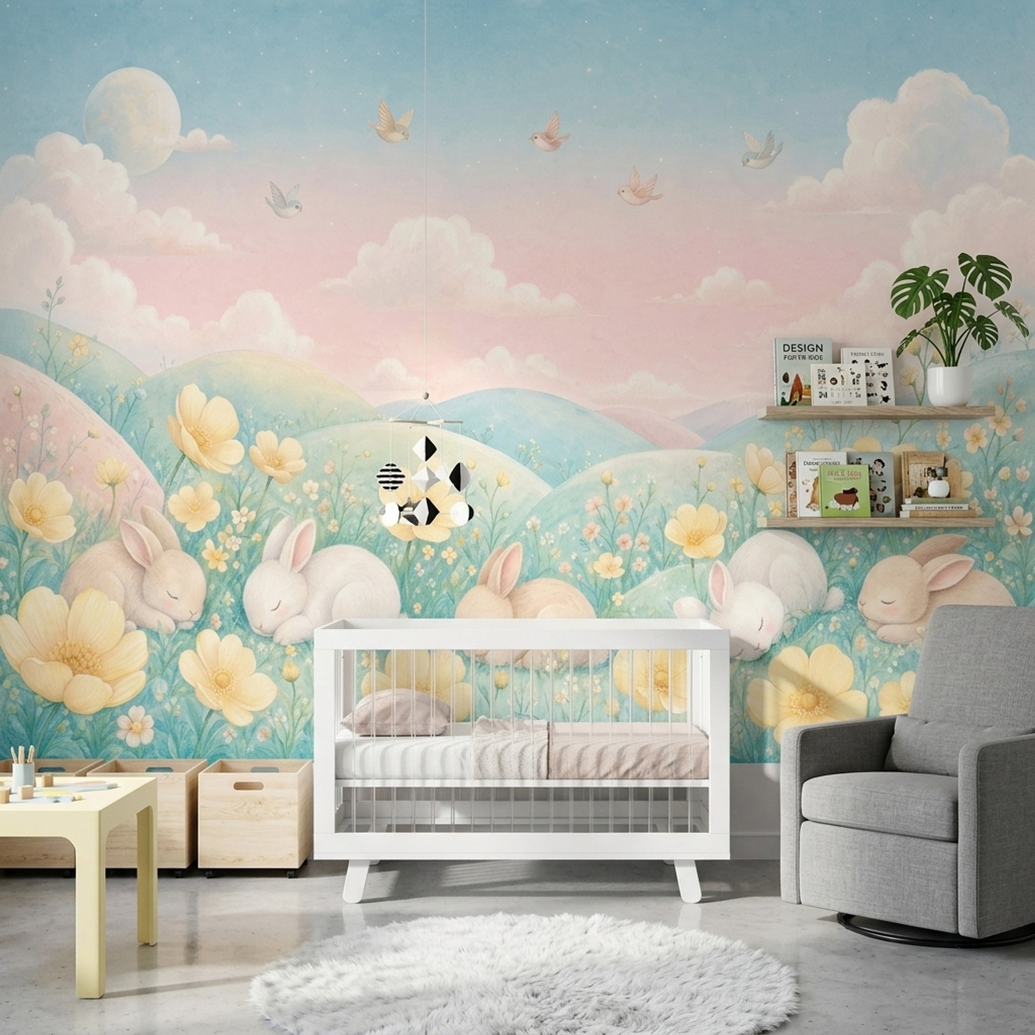 Tavşanlı Çiçekli Poster Duvar Kağıdı Pastel Çocuk Odası