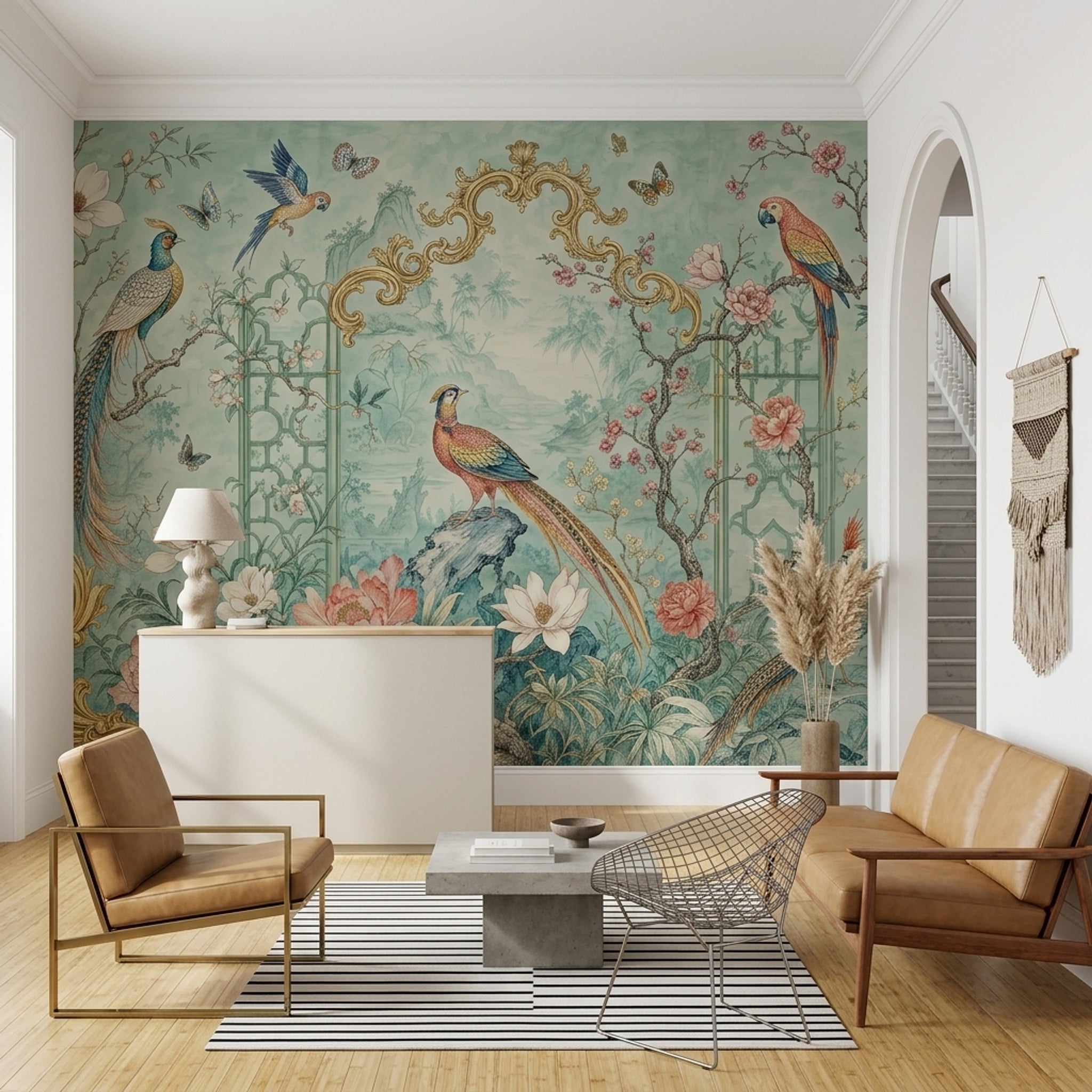 Kuş ve Çiçekli Poster Duvar Kağıdı Mint Yeşil Salon