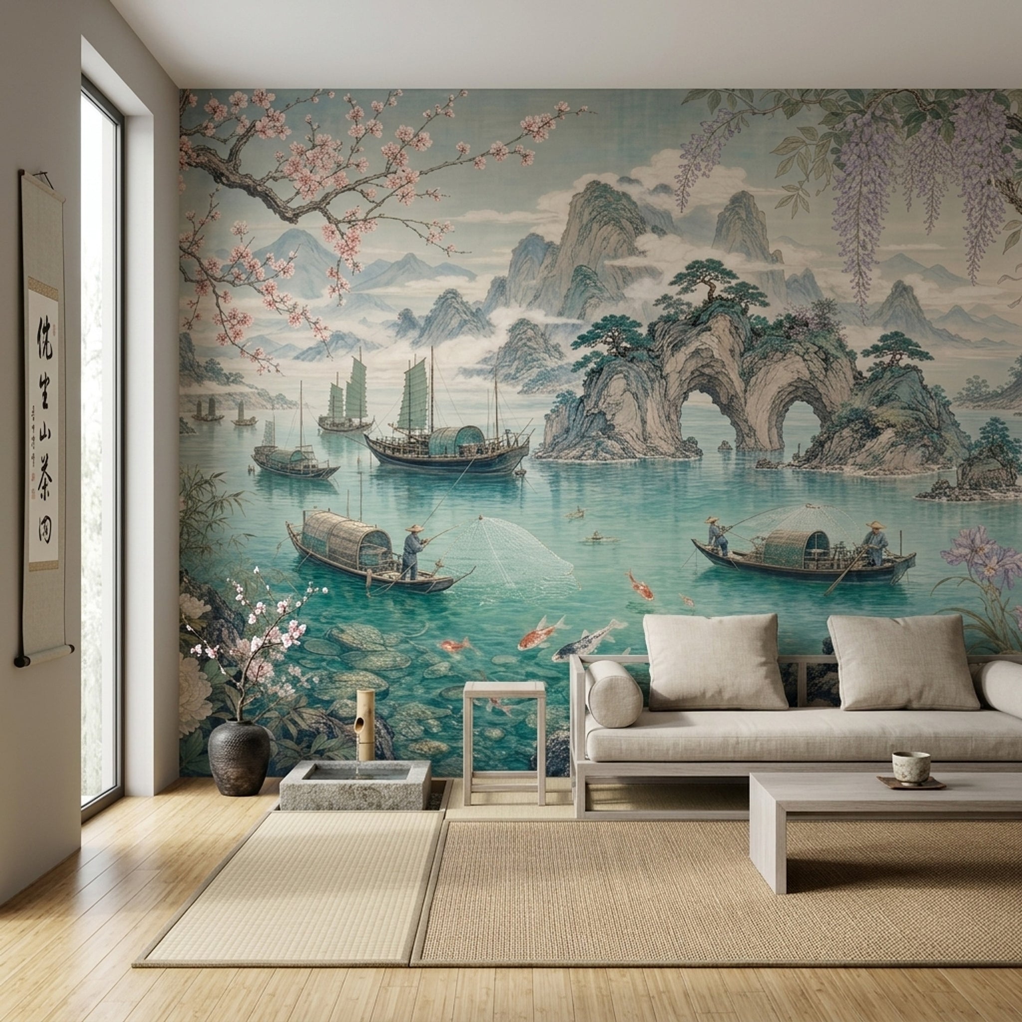 Japon Manzaralı Poster Duvar Kağıdı Turkuaz Denizli Salon