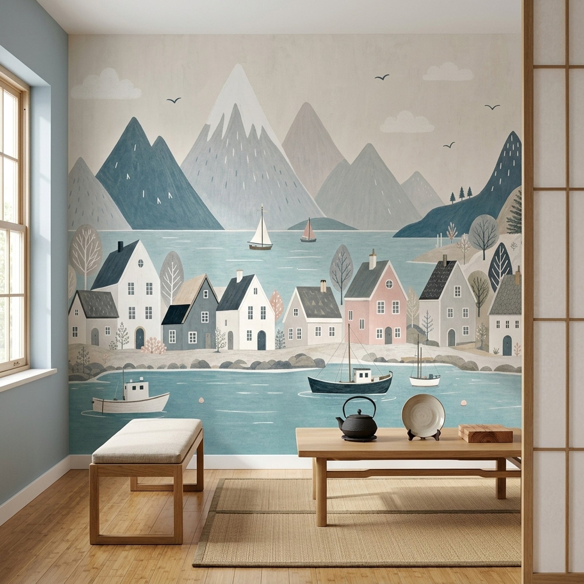 Dağ ve Göl Manzaralı Poster Duvar Kağıdı Mavi Tonlar