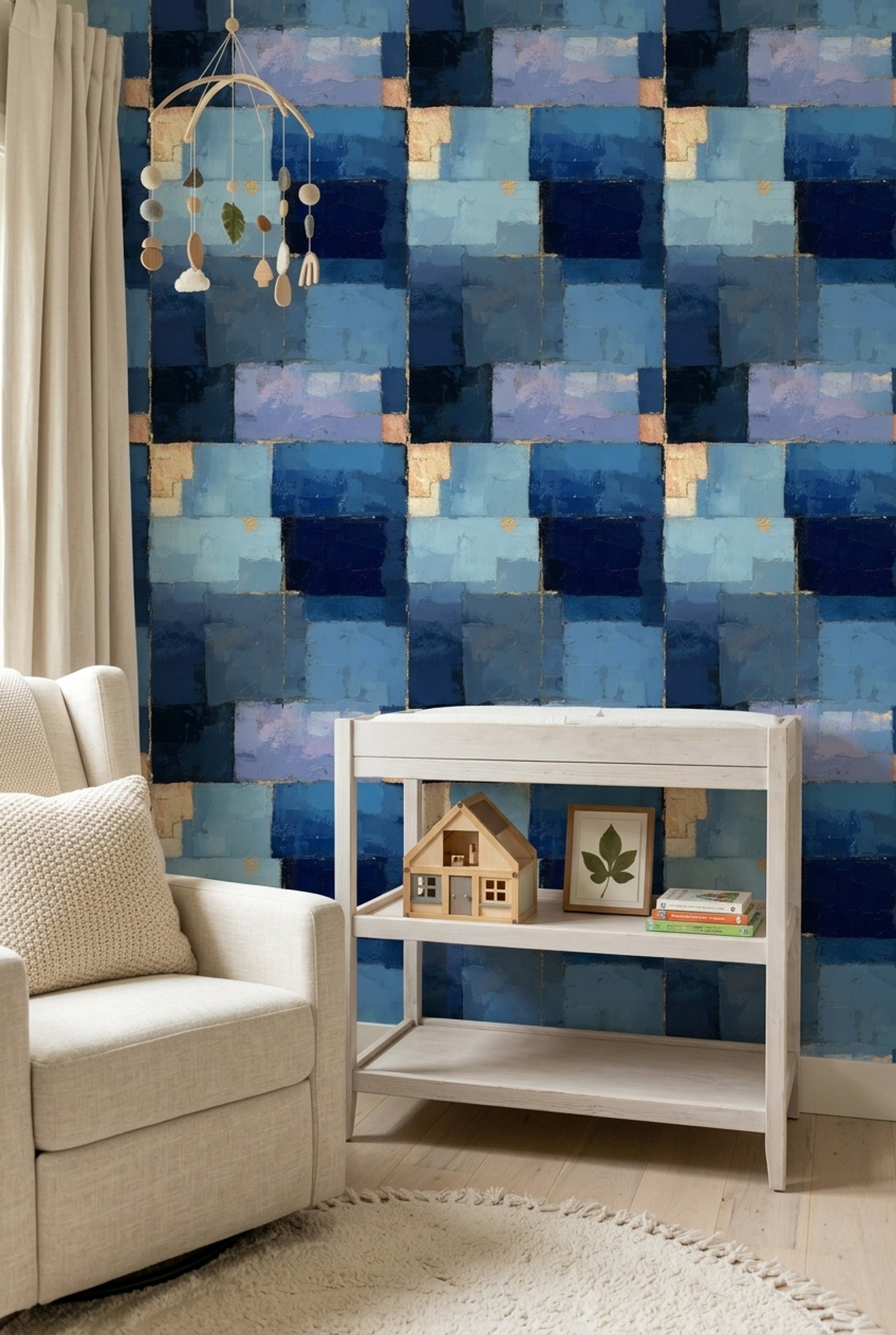 Geometrik Kareli Duvar Kağıdı Lacivert Mavi Modern Salon