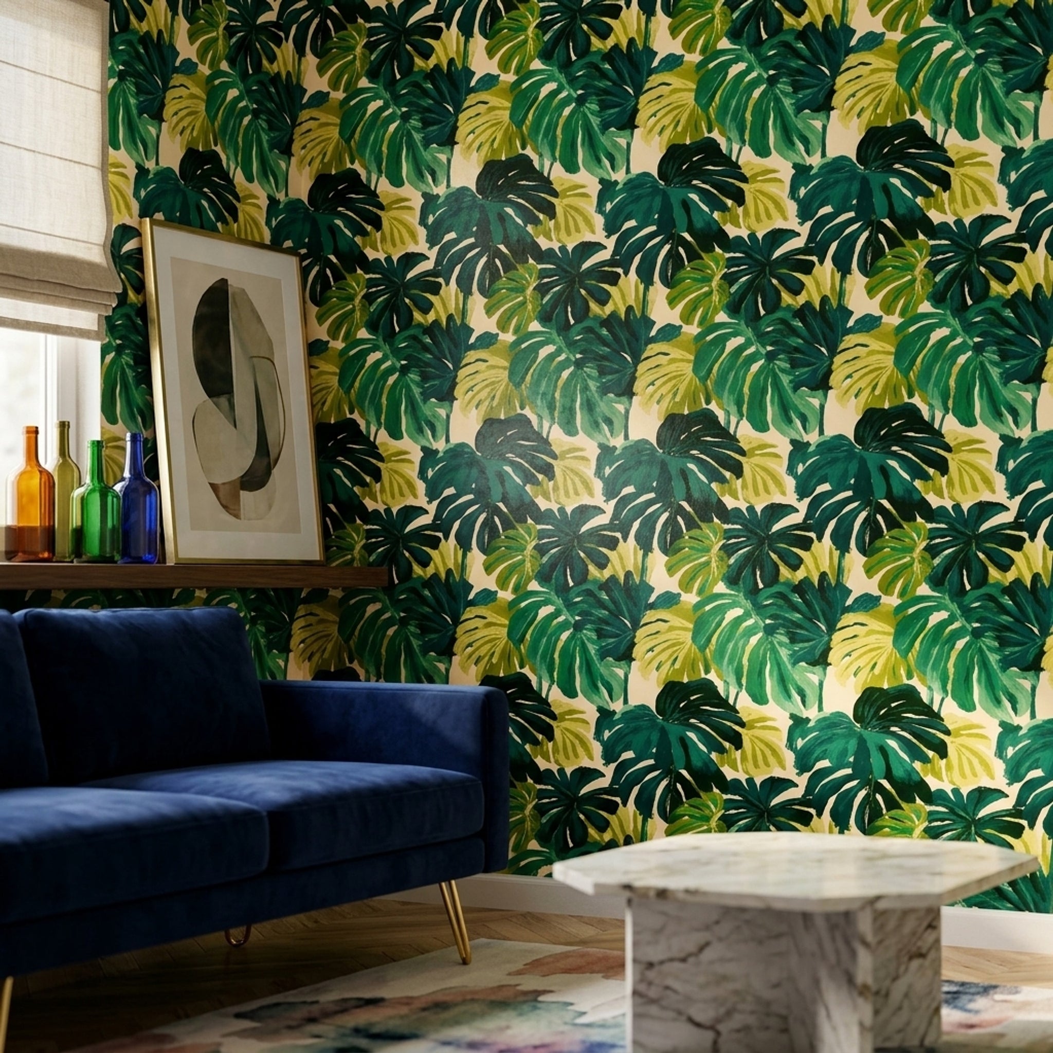 Tropikal Monstera Yapraklı Duvar Kağıdı Yeşil Salon Deseni