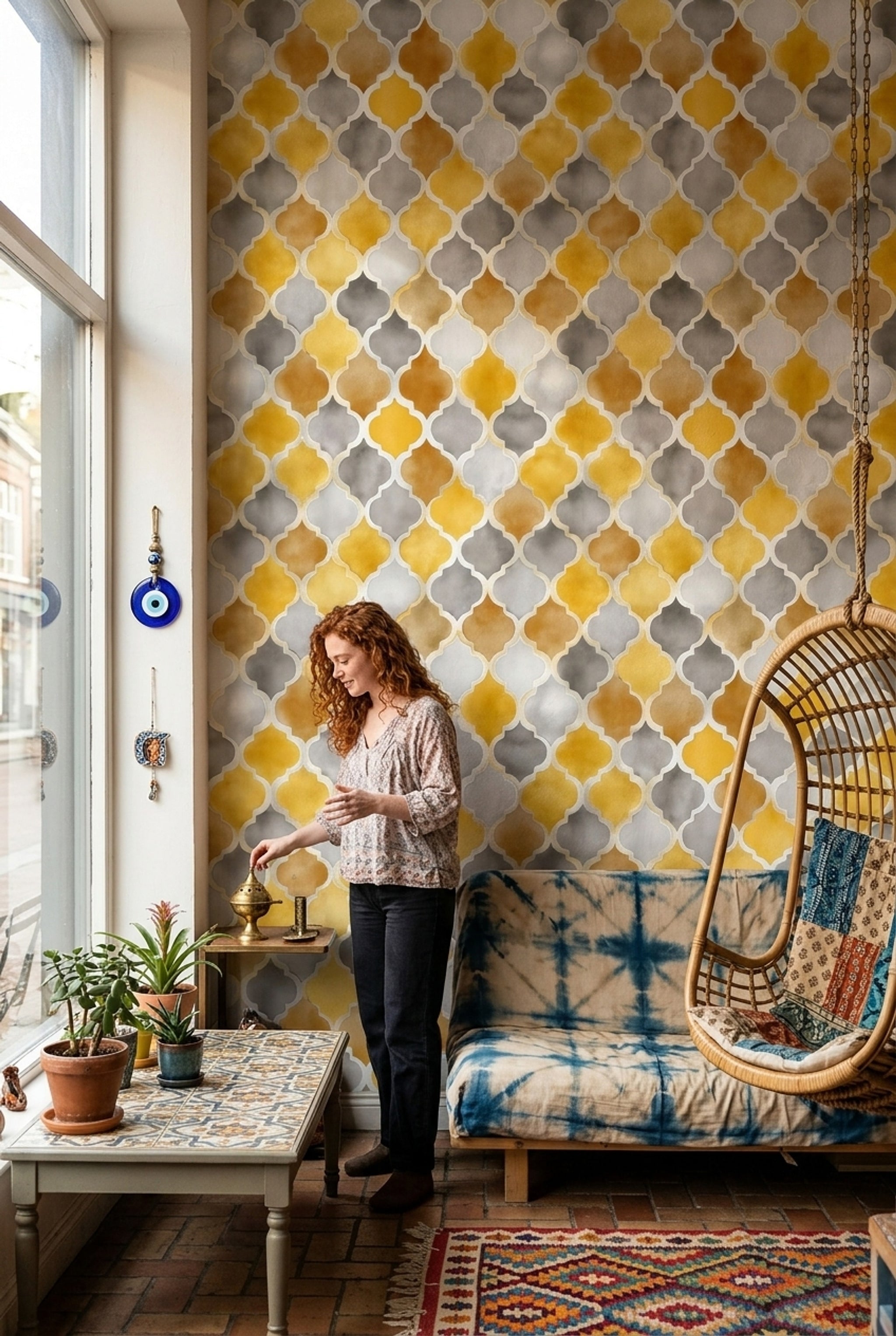 Sarı Gri Geometrik Duvar Kağıdı Modern Salon Deseni