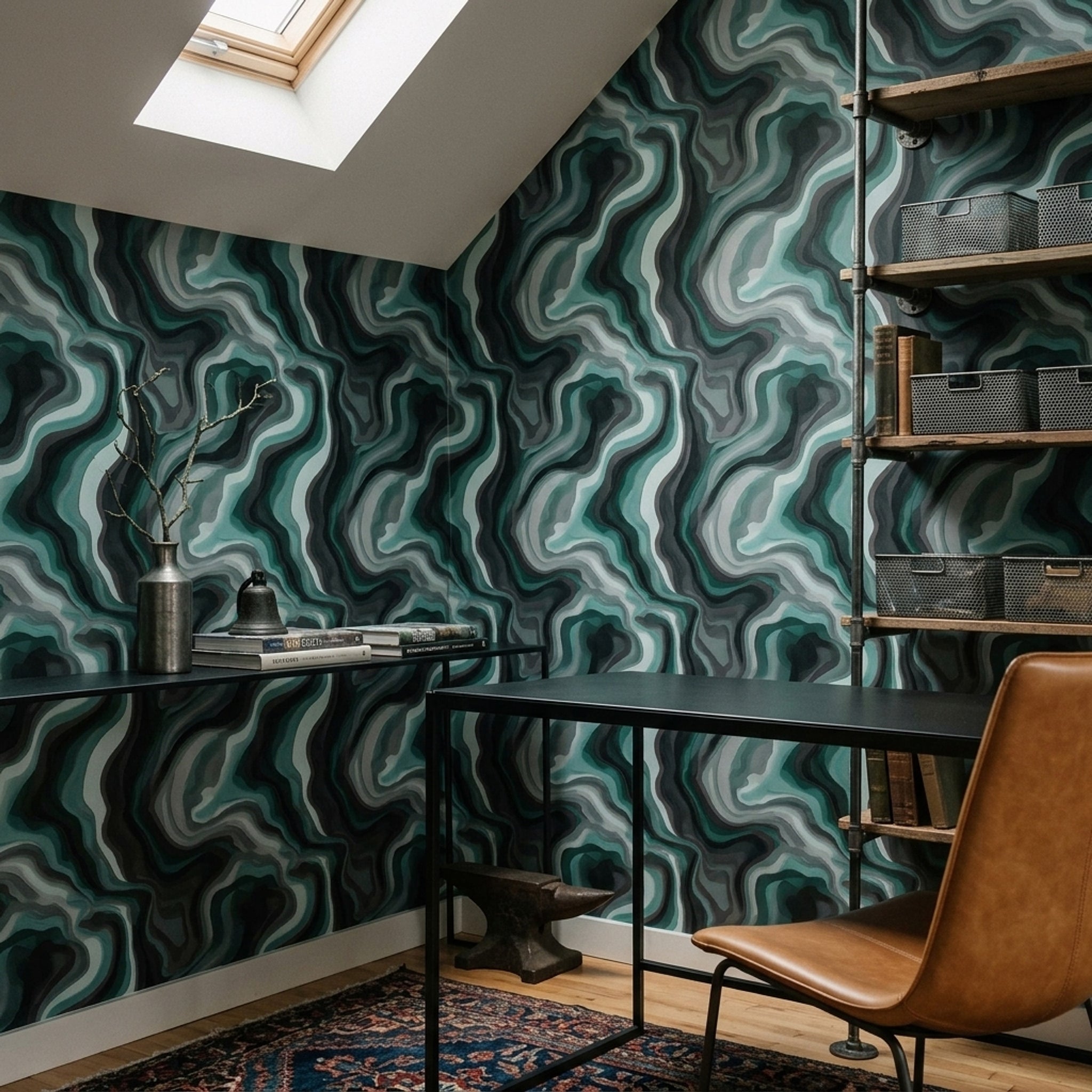 Soyut Dalgalı Duvar Kağıdı Yeşil Gri Modern Salon