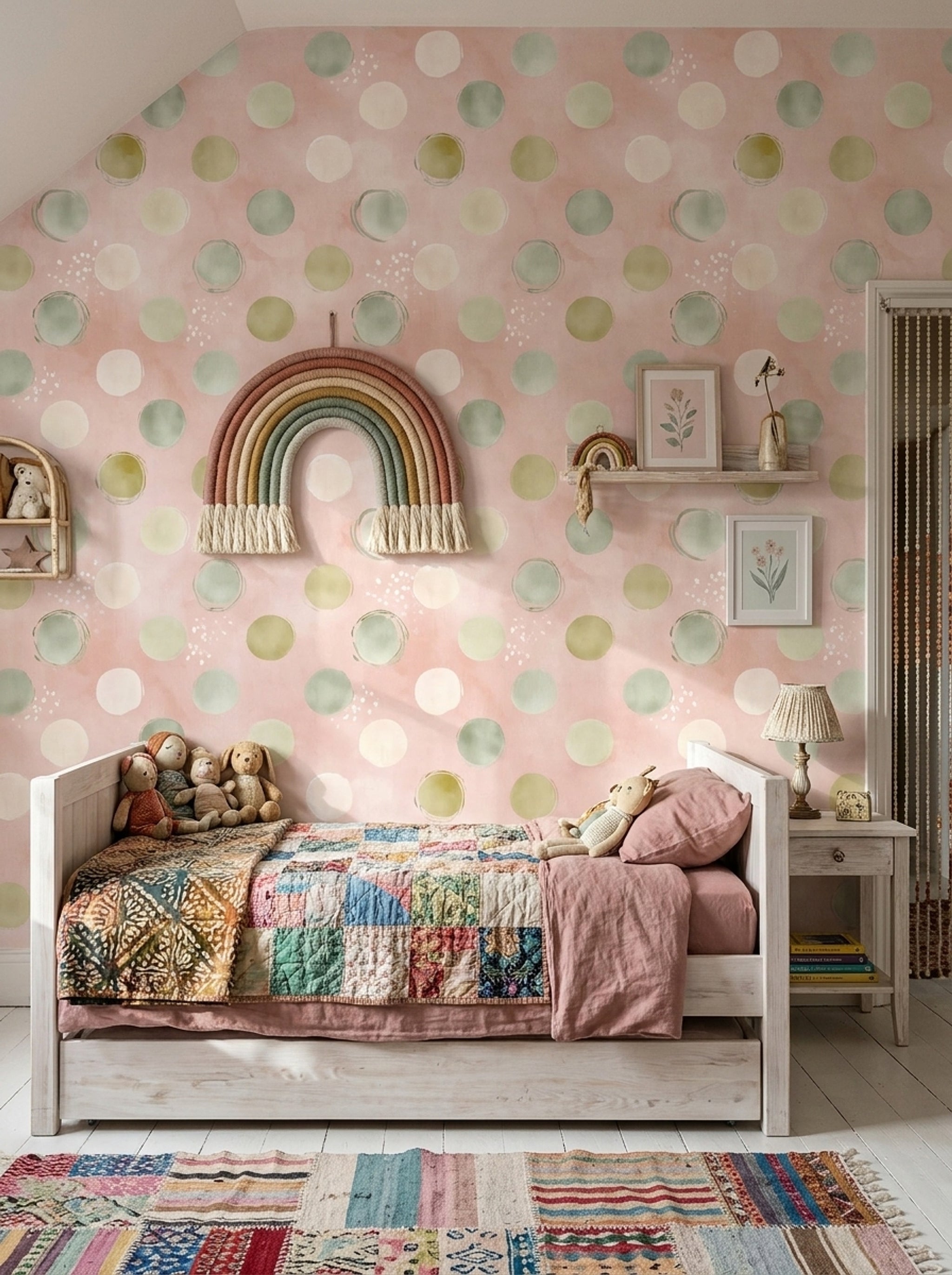 Pastel Puantiyeli Duvar Kağıdı Pembe Yeşil Modern Salon