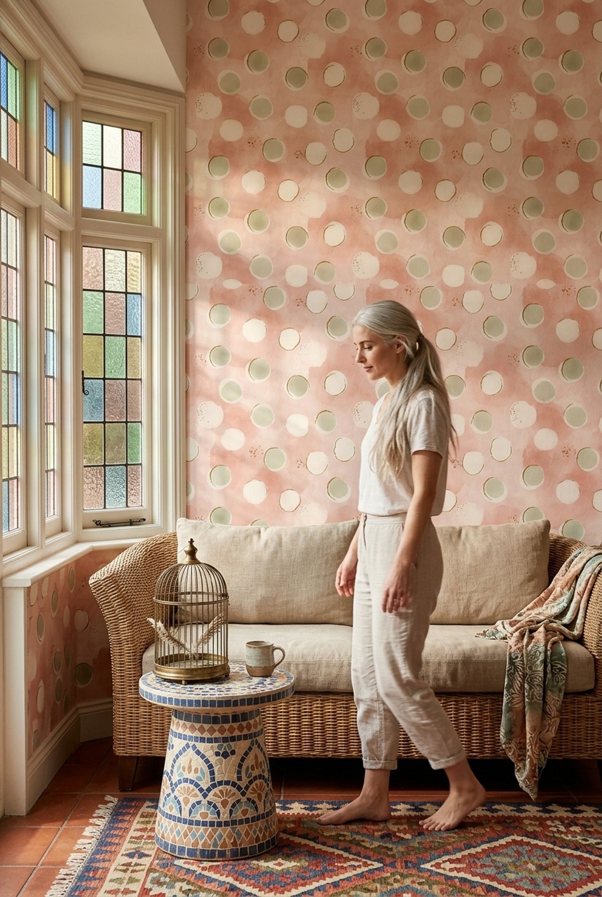 Puantiyeli Duvar Kağıdı Pudra Pembe Pastel Modern Desenli
