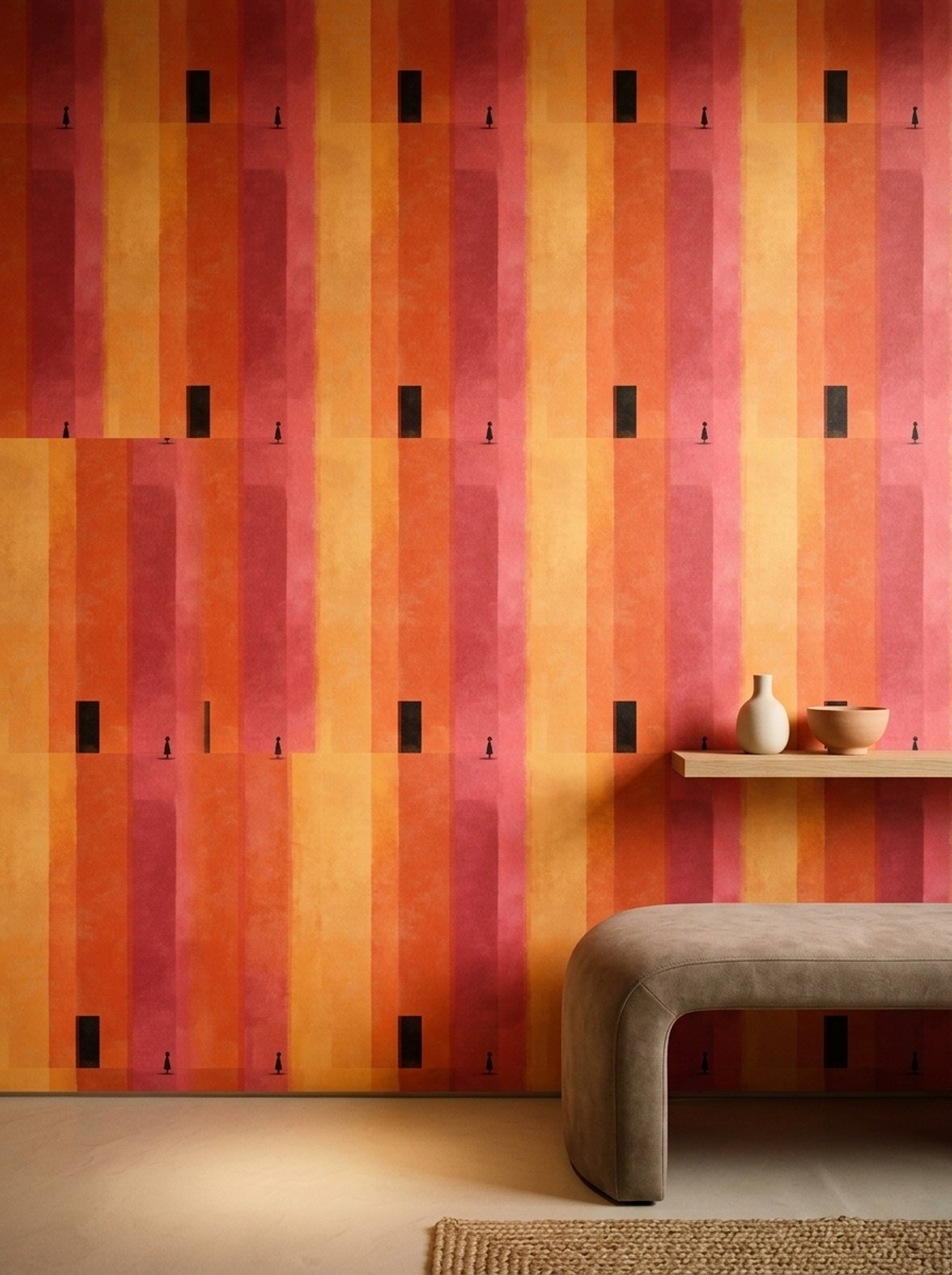 Soyut Şeritli Duvar Kağıdı Turuncu Pembe Modern Salon