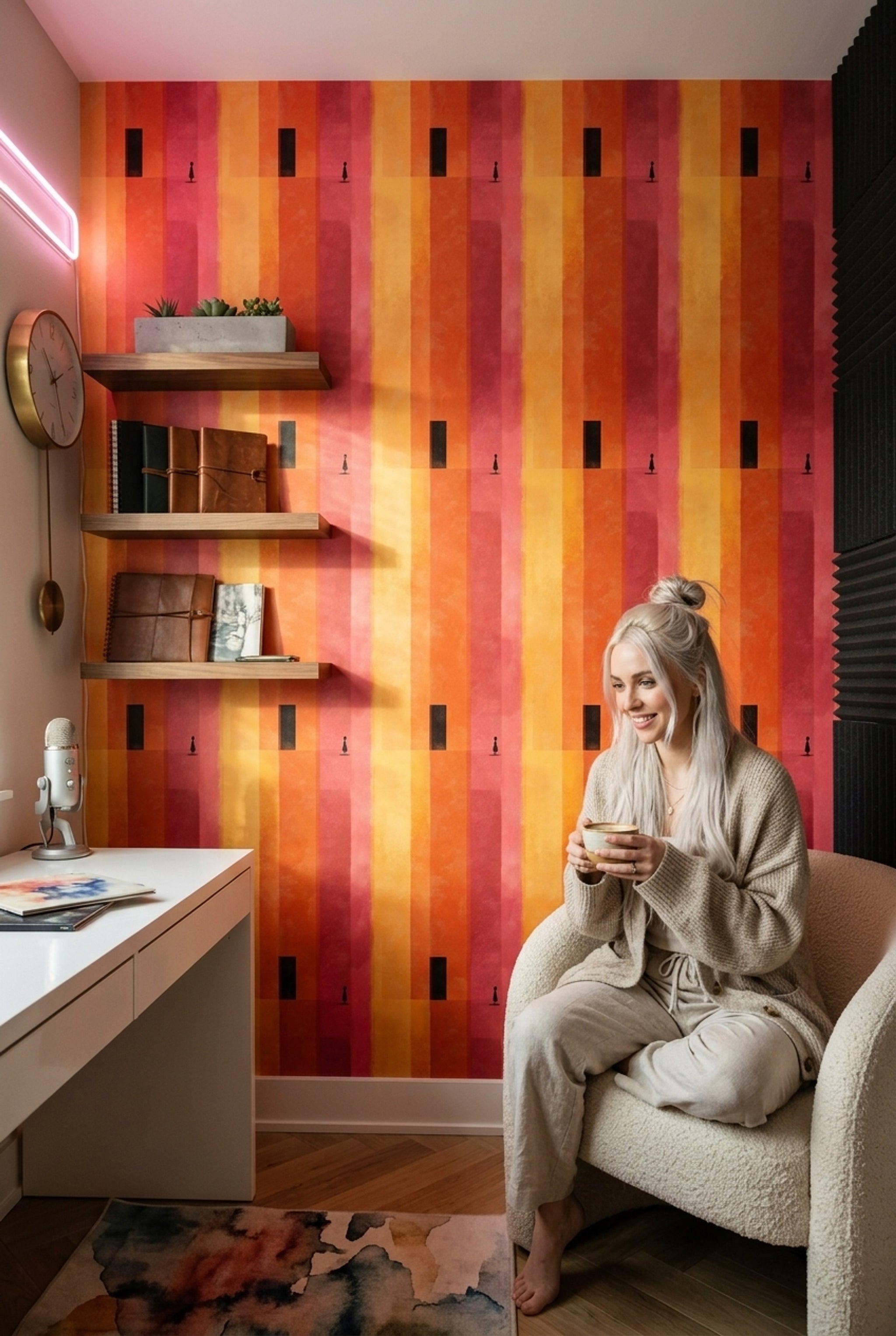 Soyut Şeritli Duvar Kağıdı Turuncu Pembe Modern Salon