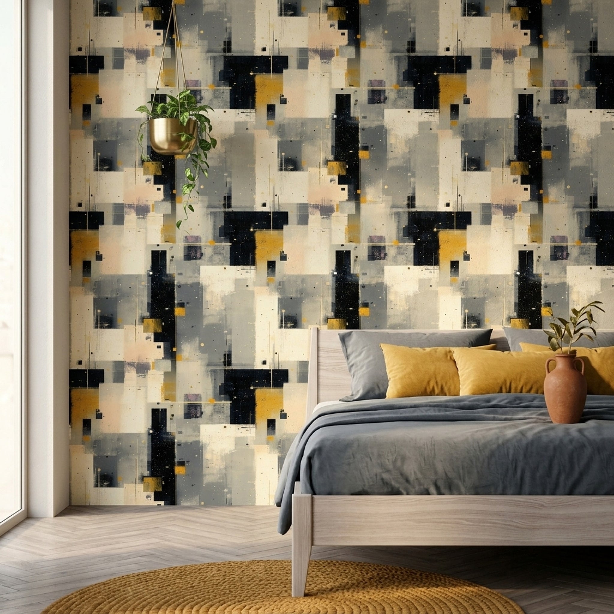 Geometrik Soyut Duvar Kağıdı Sarı Gri Modern Salon