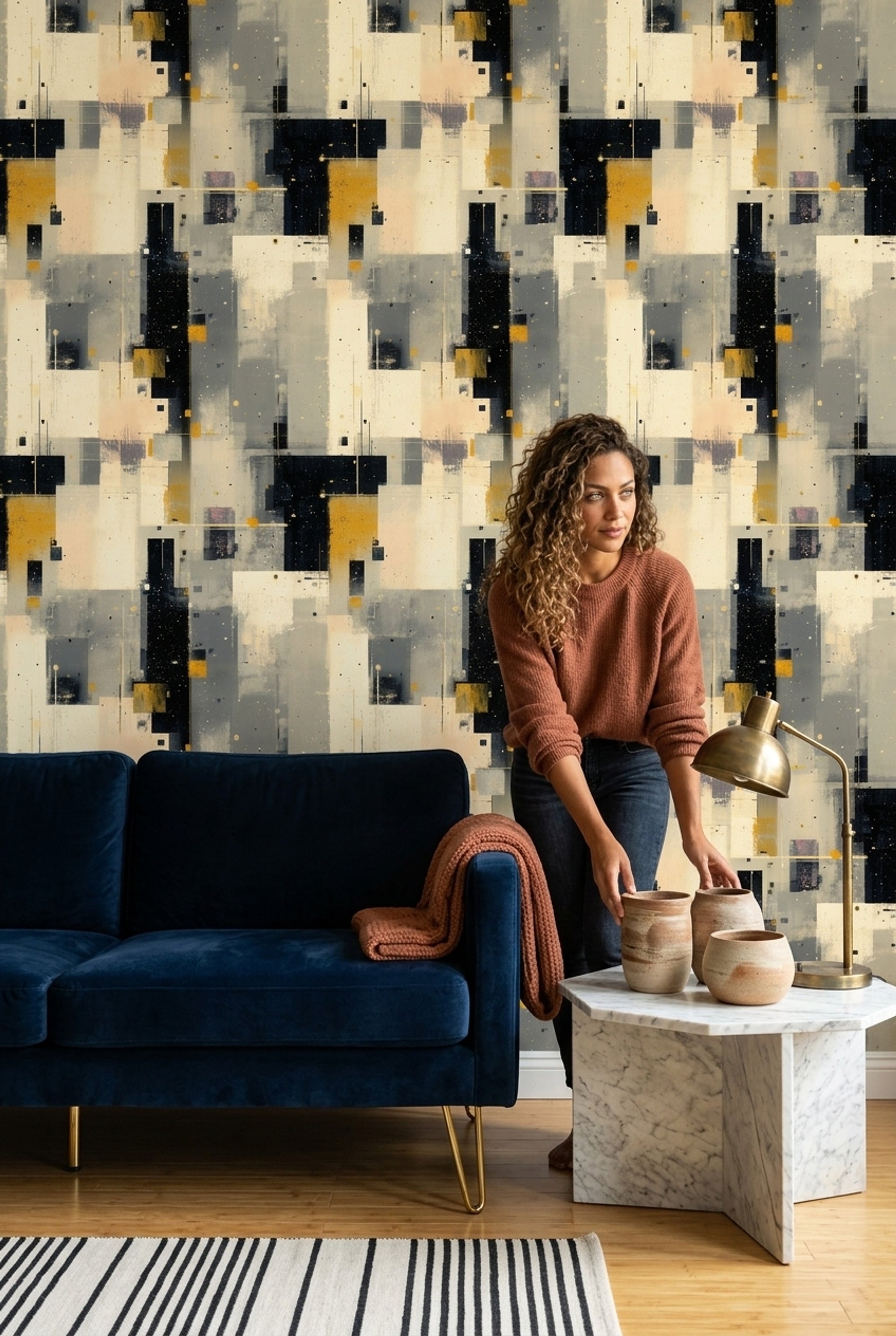 Geometrik Soyut Duvar Kağıdı Sarı Gri Modern Salon