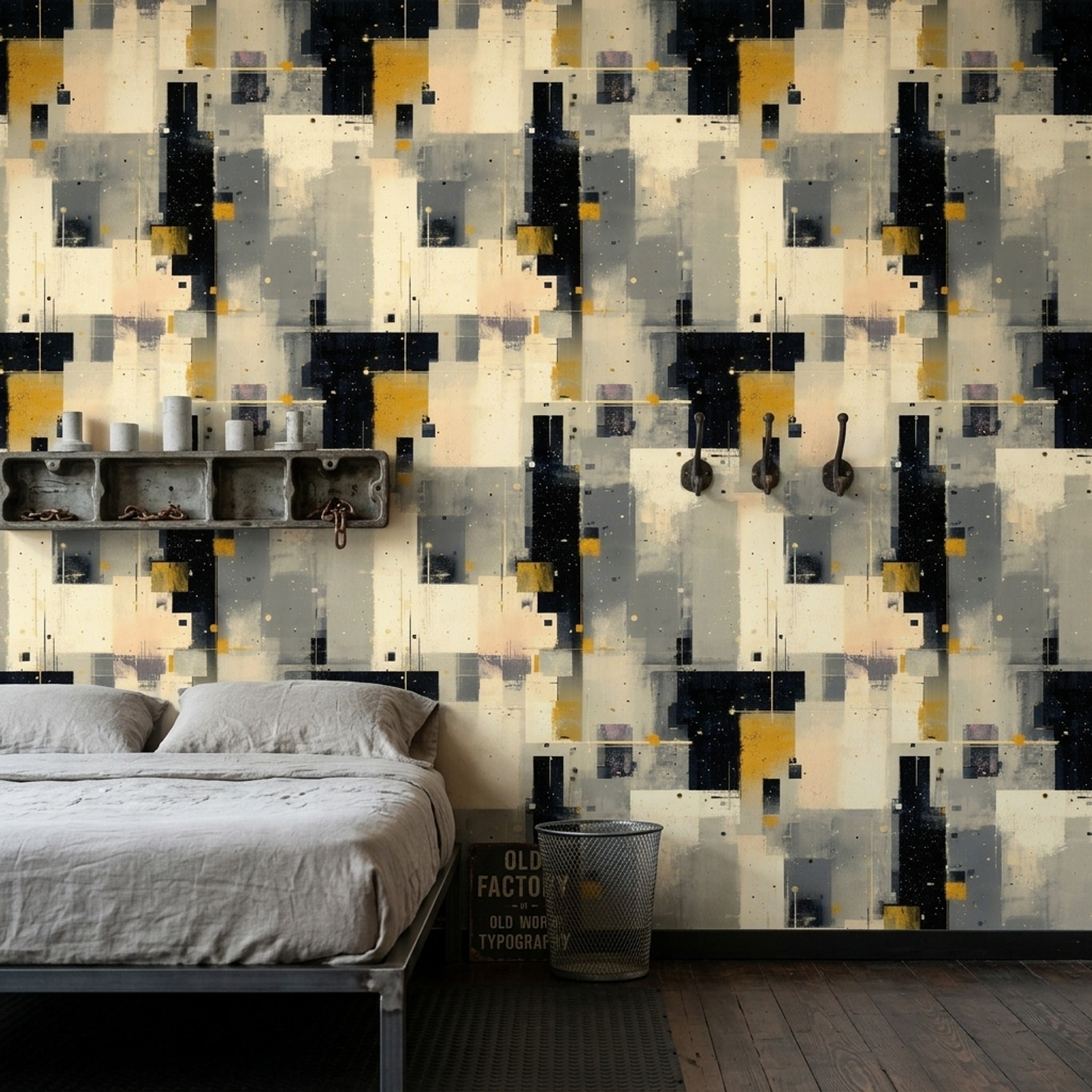 Geometrik Soyut Duvar Kağıdı Sarı Gri Modern Salon