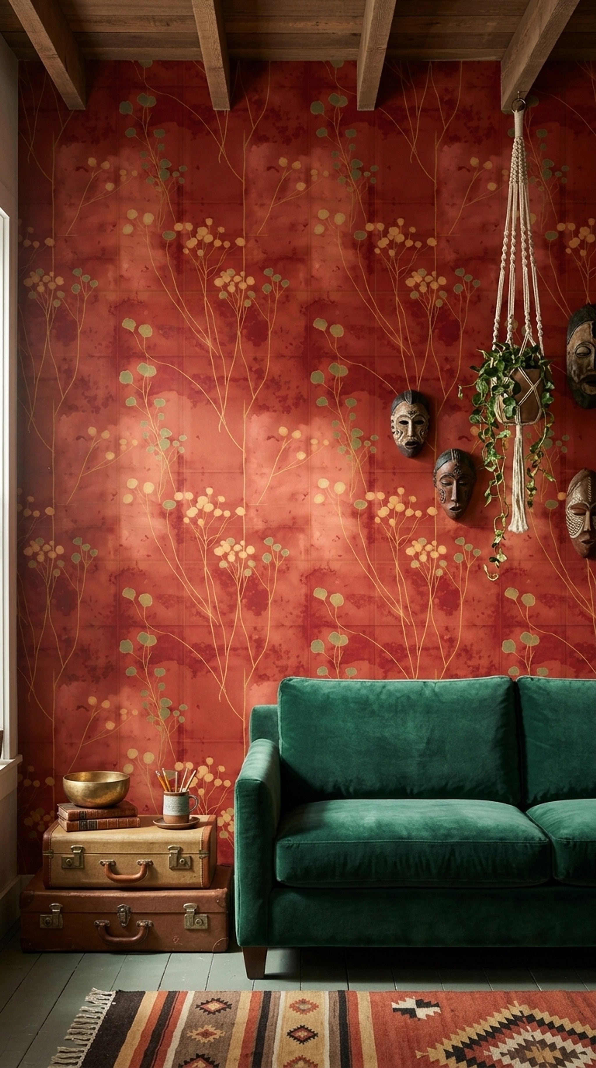 Altın Dallı Çiçek Desenli Duvar Kağıdı Kırmızı Salon