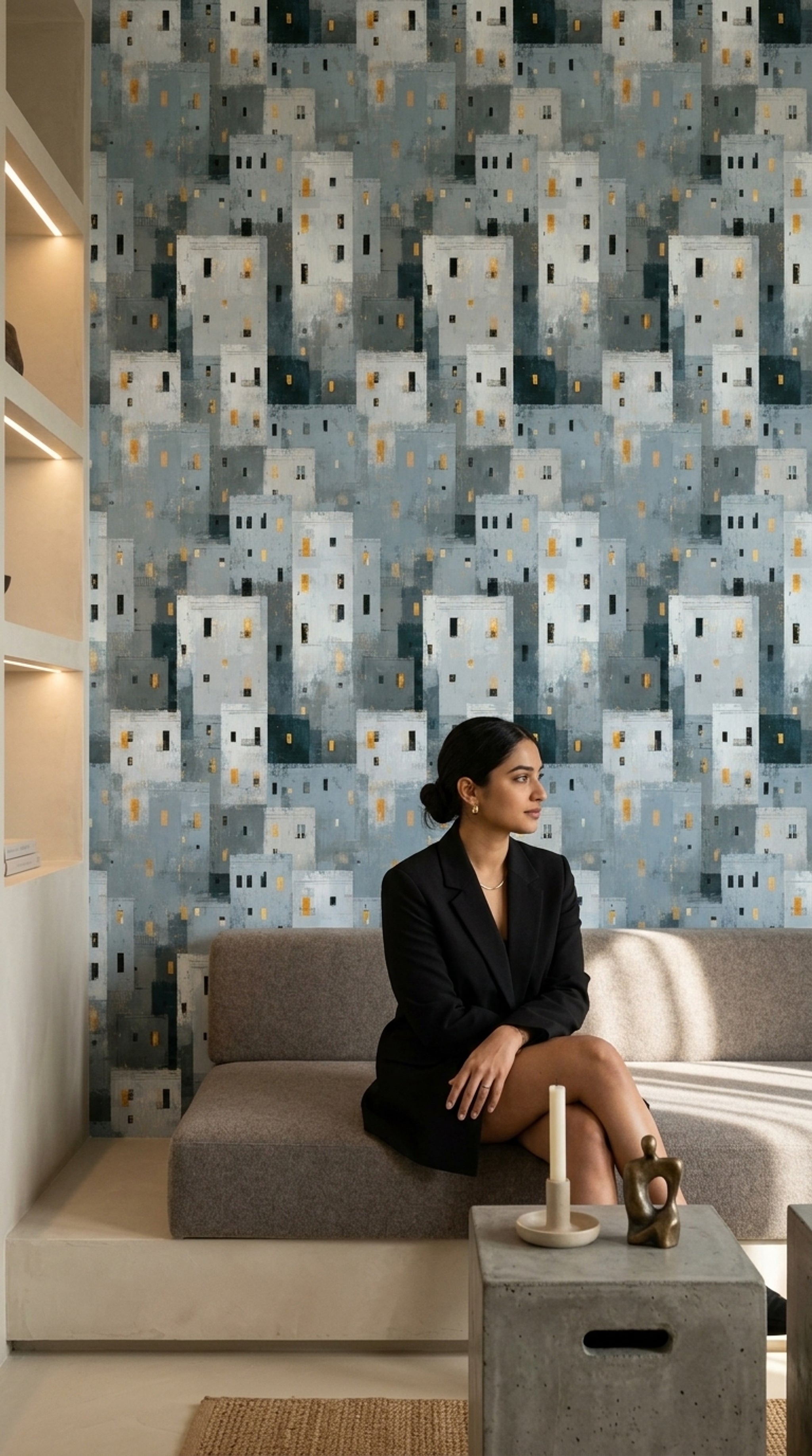 Soyut Şehir Silueti Duvar Kağıdı Gri Sarı Modern Salon
