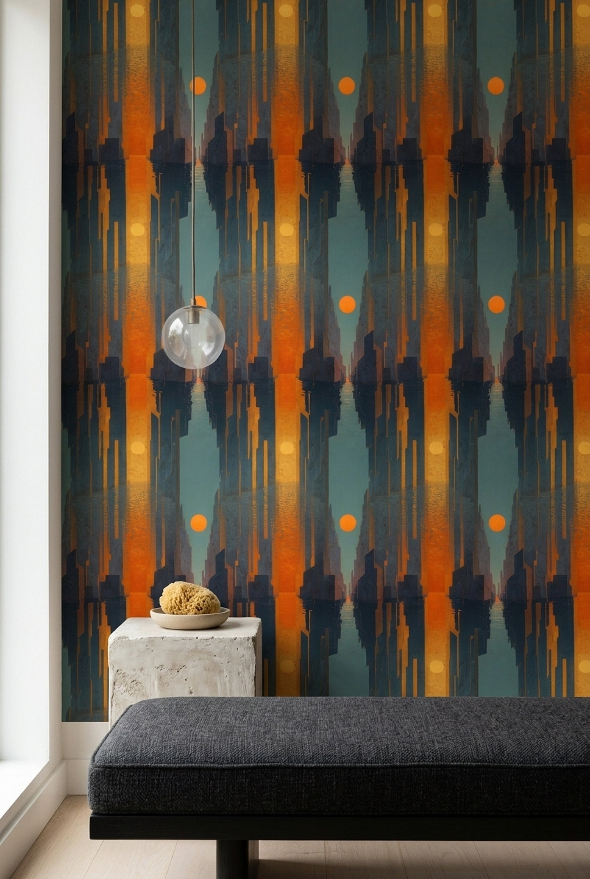 Art Deco Şehir Siluetli Duvar Kağıdı Turuncu Petrol Mavisi