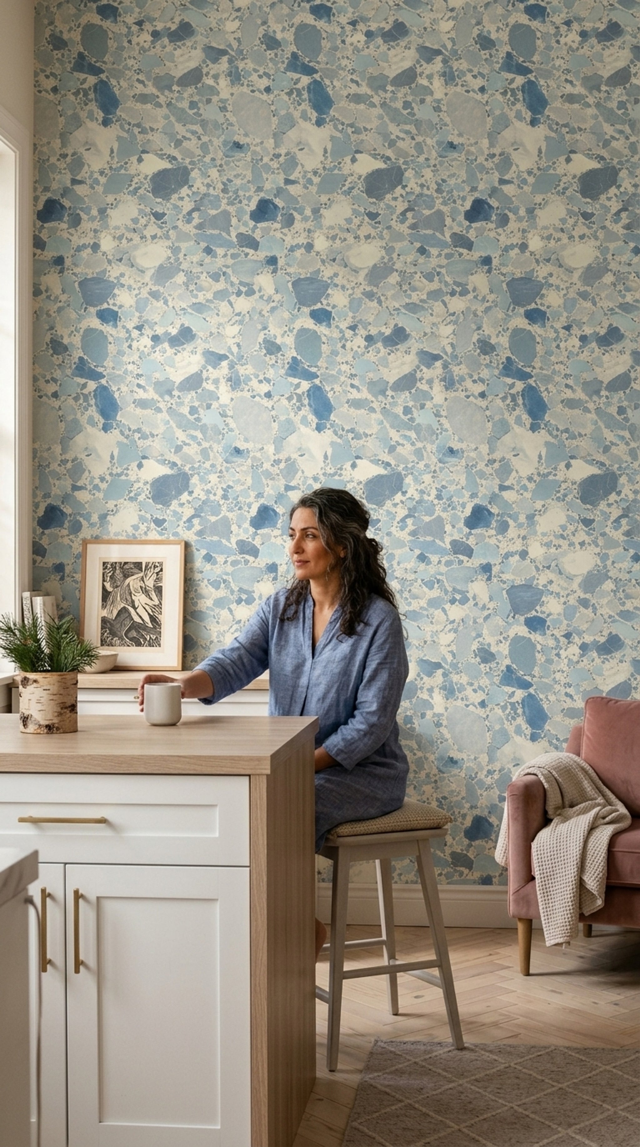 Terrazzo Desenli Duvar Kağıdı Mavi Gri Modern Salon