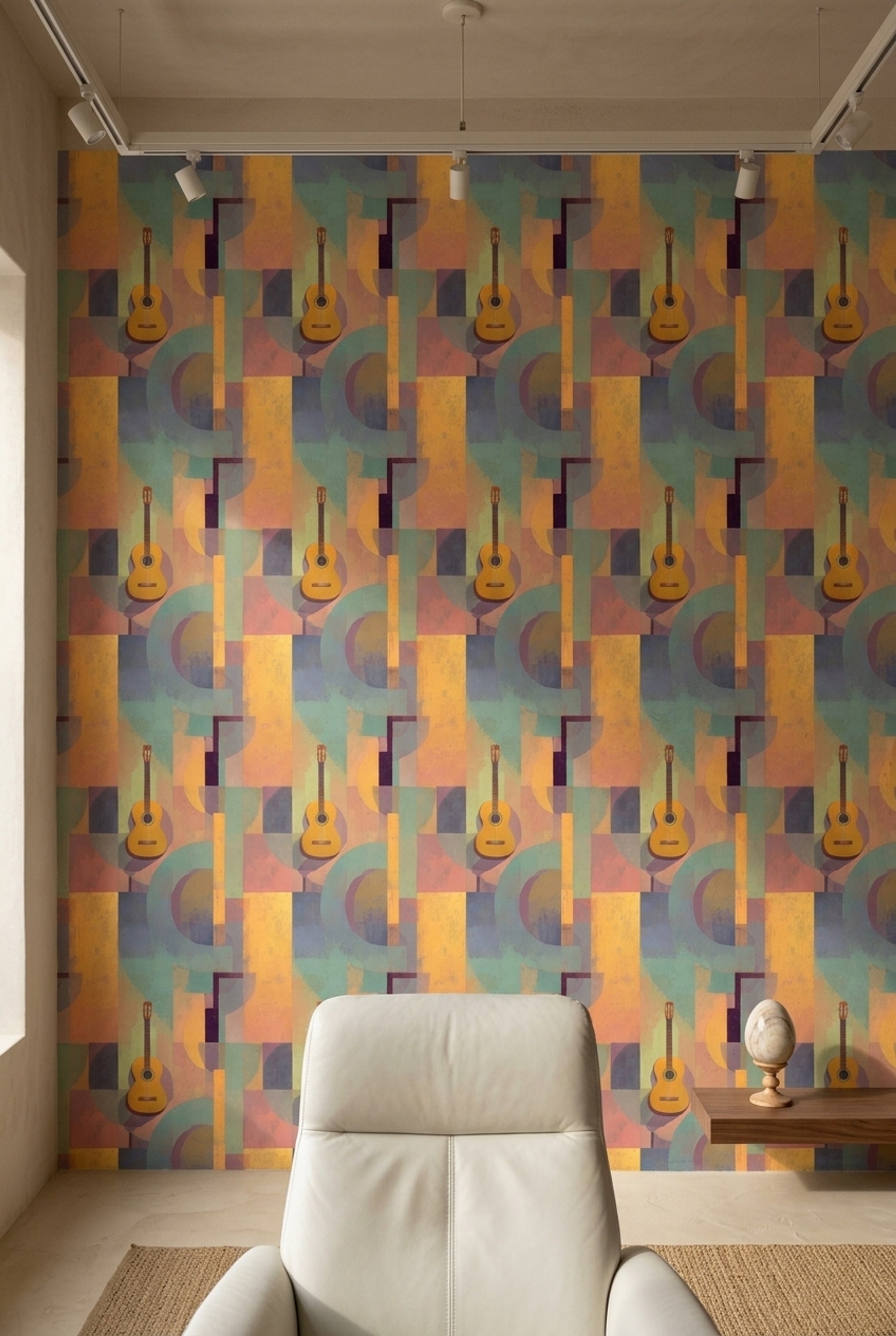 Geometrik Gitar Desenli Duvar Kağıdı Renkli Modern Salon