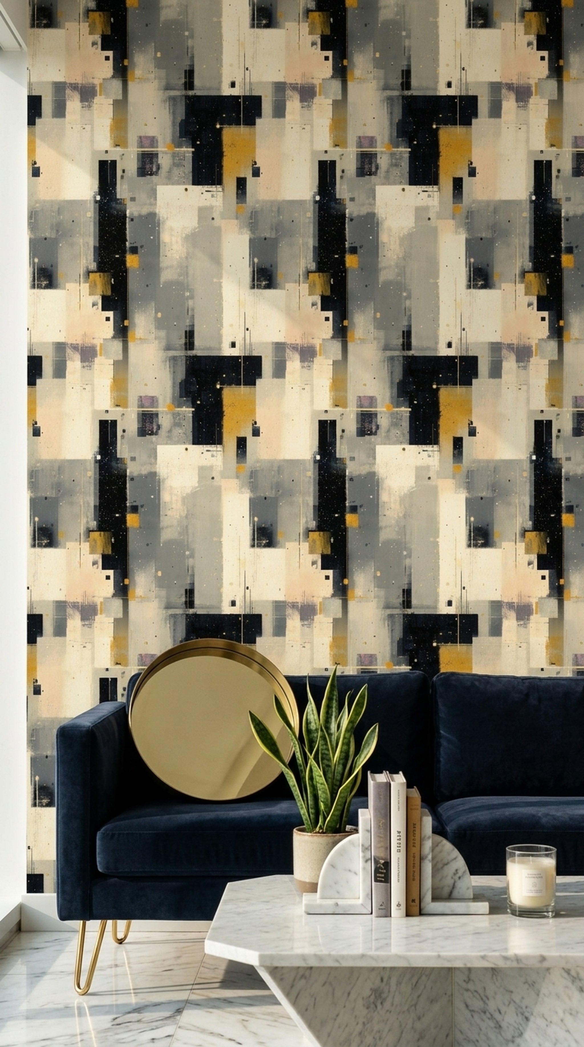 Geometrik Soyut Duvar Kağıdı Sarı Gri Modern Salon