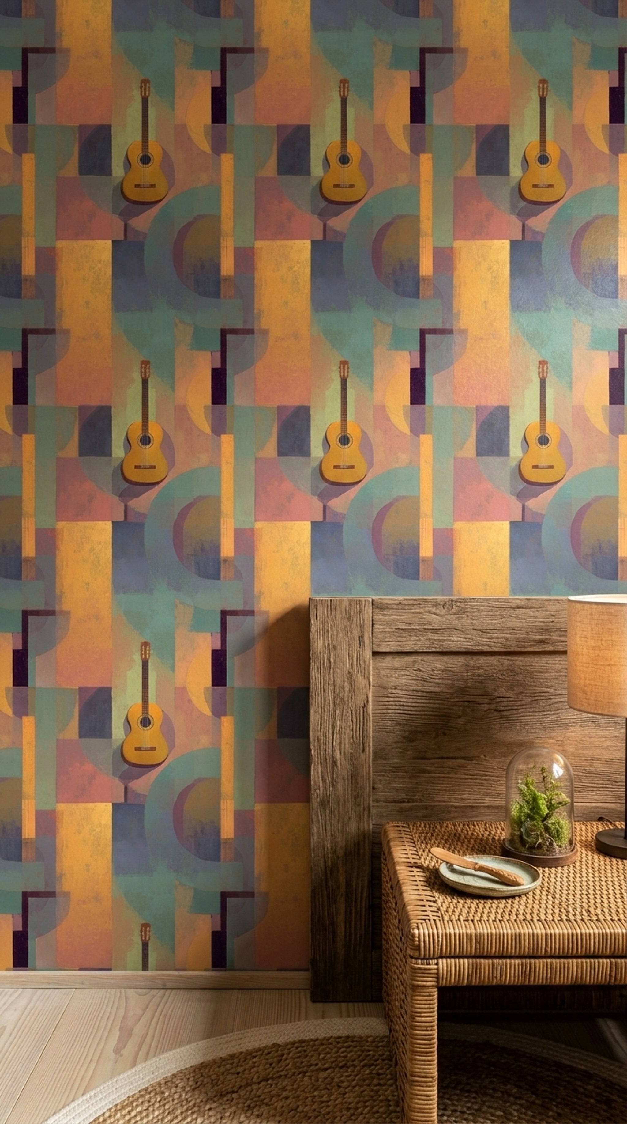 Geometrik Gitar Desenli Duvar Kağıdı Renkli Modern Salon