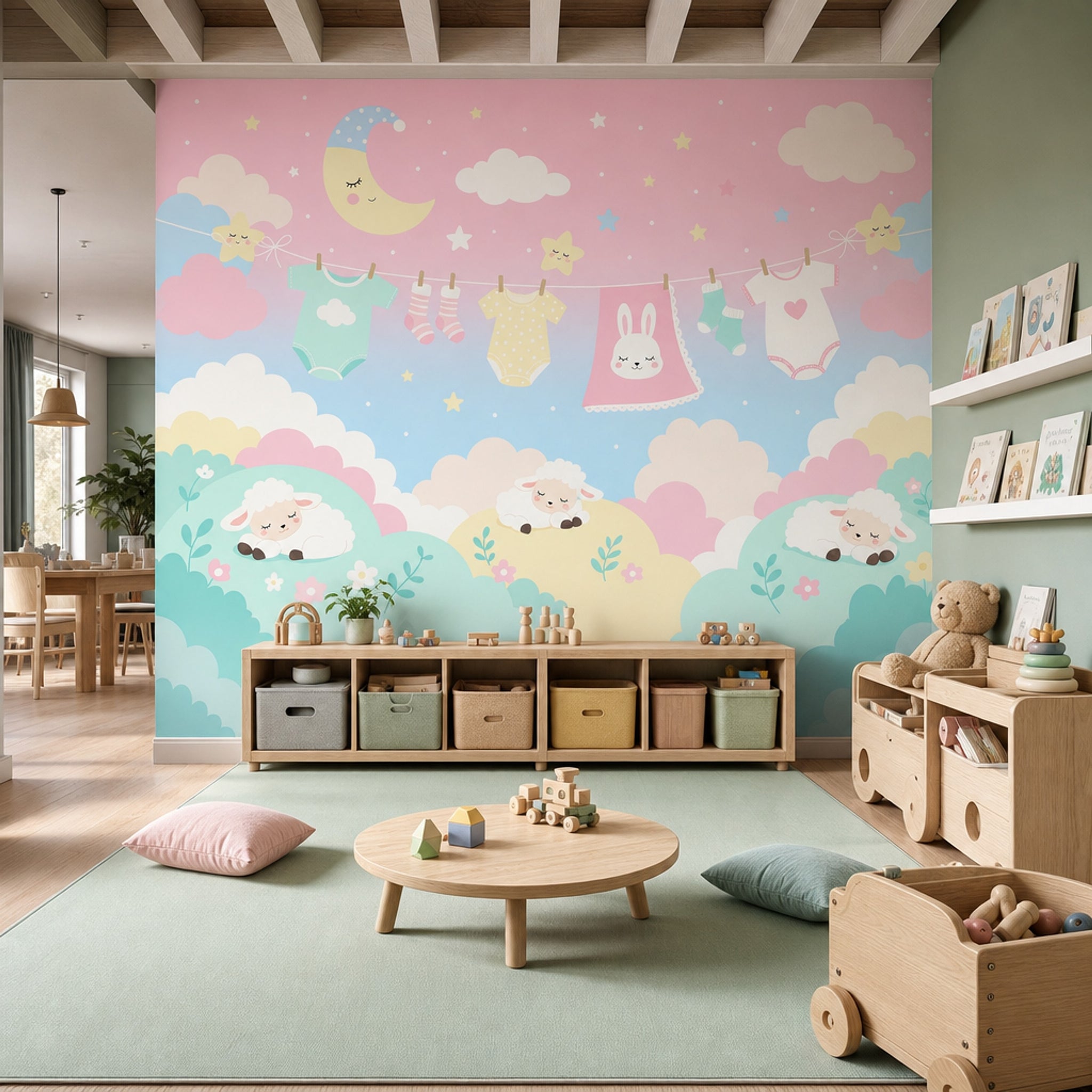 Bulut Ay Yıldızlı Poster Duvar Kağıdı Pastel Bebek Odası