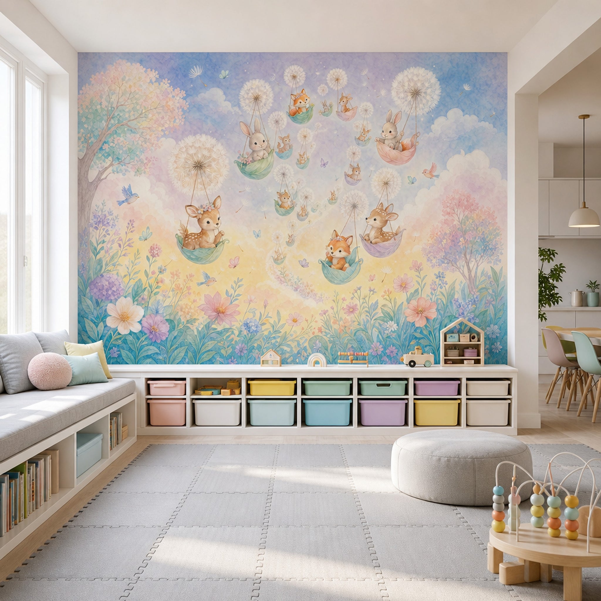 Uçan Hayvanlı Poster Duvar Kağıdı Pastel Çocuk Odası Bulutlu