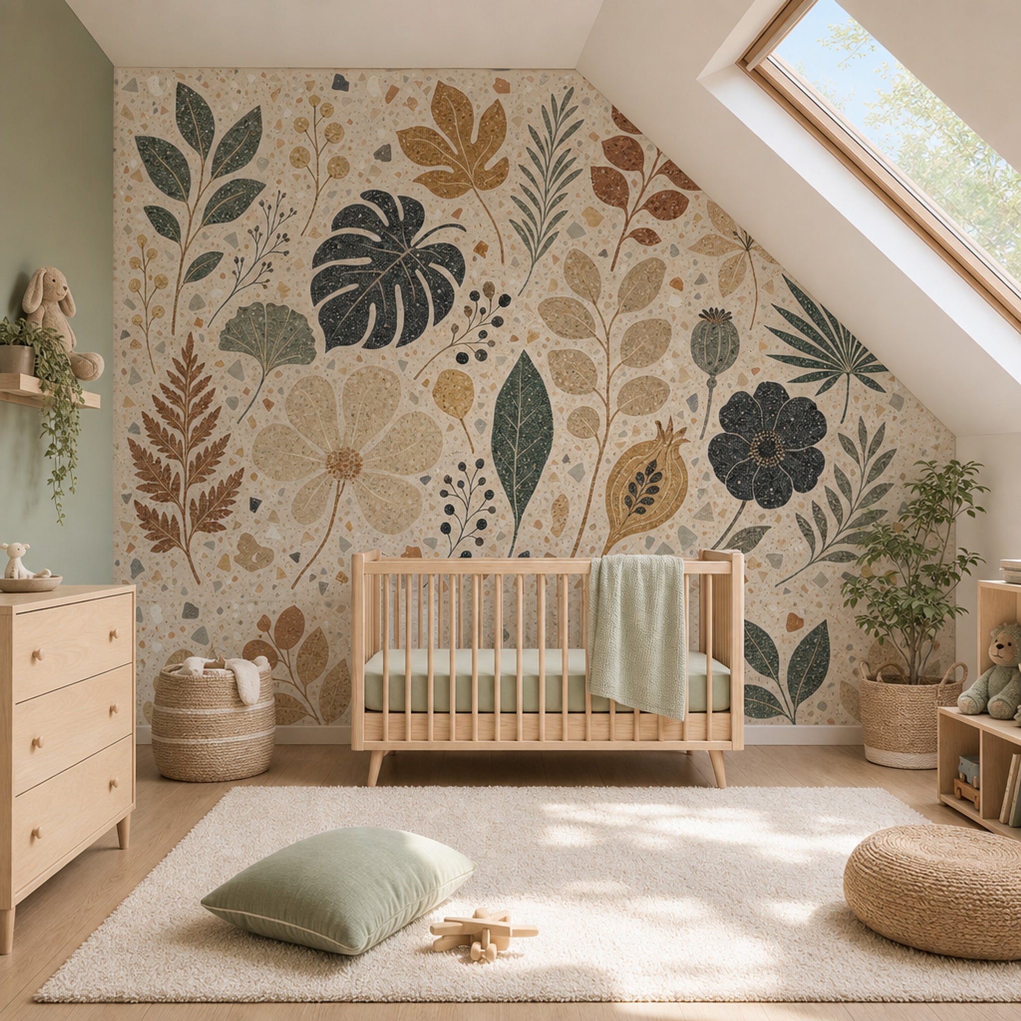 Terrazzo Botanik Poster Duvar Kağıdı Bej Yeşil Yaprak Desenli