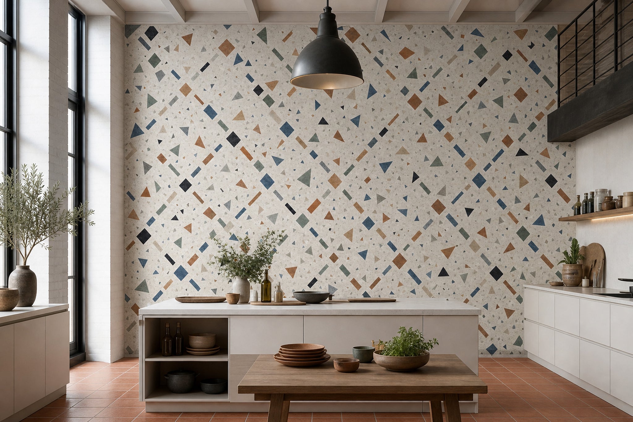 Terrazzo Desenli Poster Duvar Kağıdı Bej Mutfak Duvar Dekoru