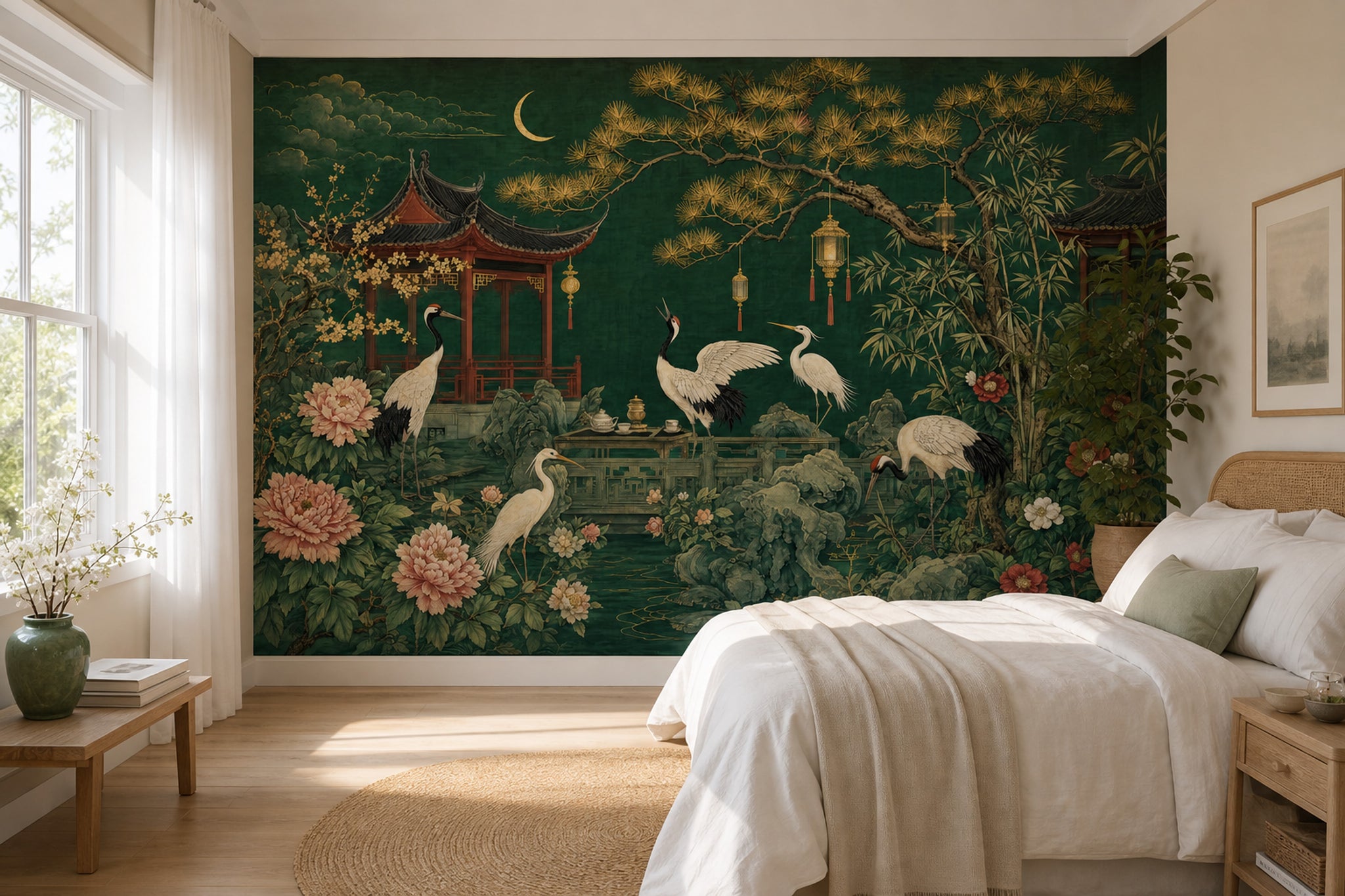 Japon Bahçesi Poster Duvar Kağıdı Zümrüt Yeşil Salon Dekoru