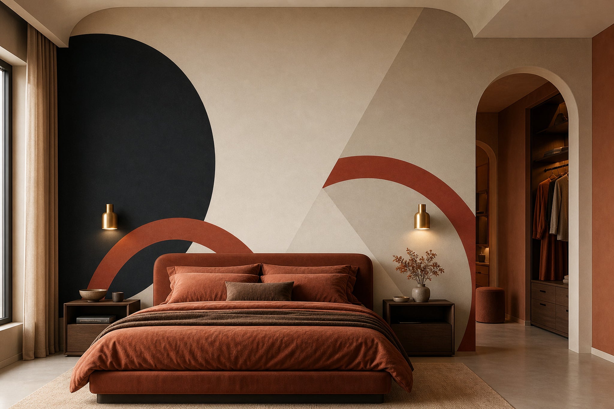 Geometrik Kemer Desenli Poster Duvar Kağıdı Bej Yatak Odası