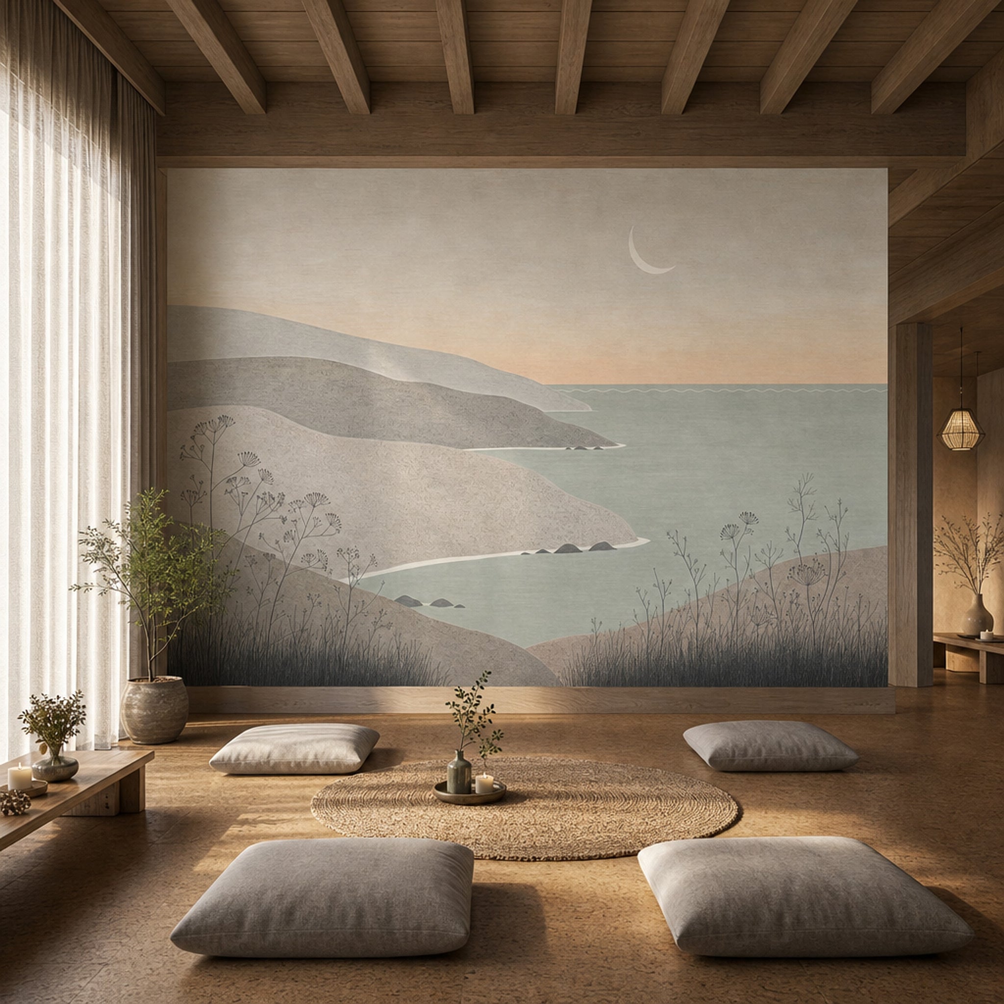 Minimalist Deniz Manzaralı Poster Duvar Kağıdı Bej Salon Dekoru