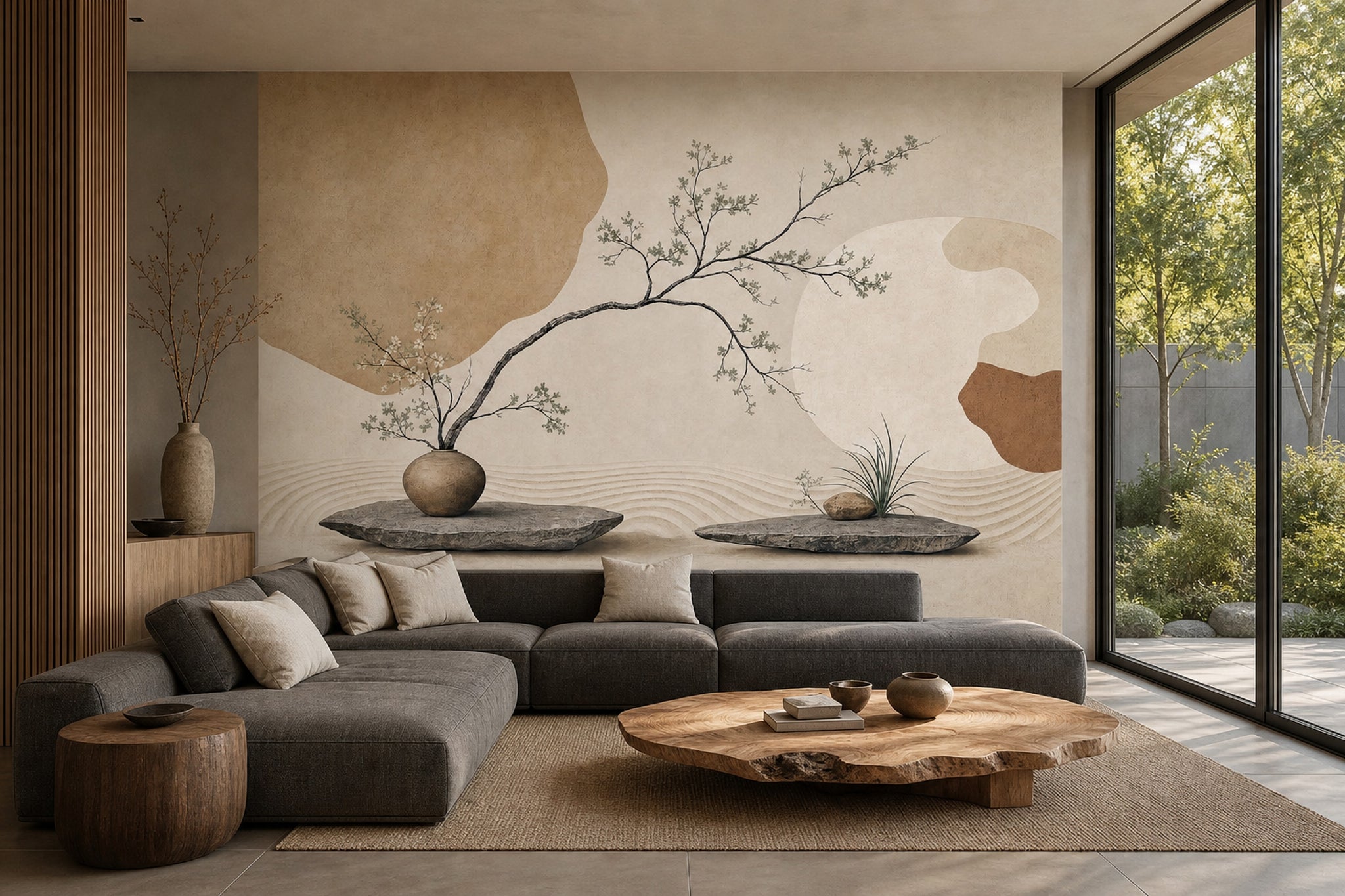 Japon Zen Dal Motifli Poster Duvar Kağıdı Bej Salon