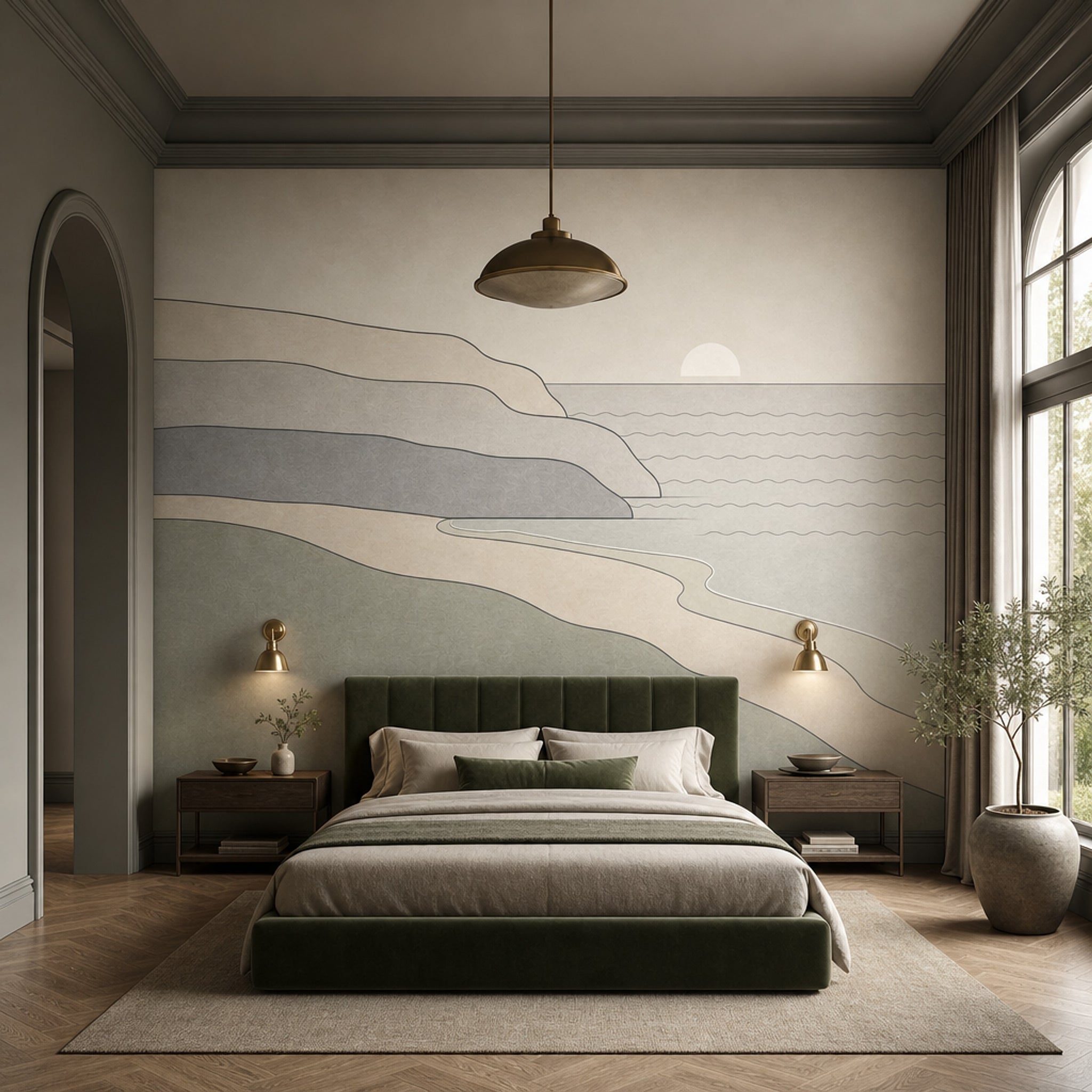 Minimalist Sahil Manzaralı Poster Duvar Kağıdı Bej Yeşil Spa