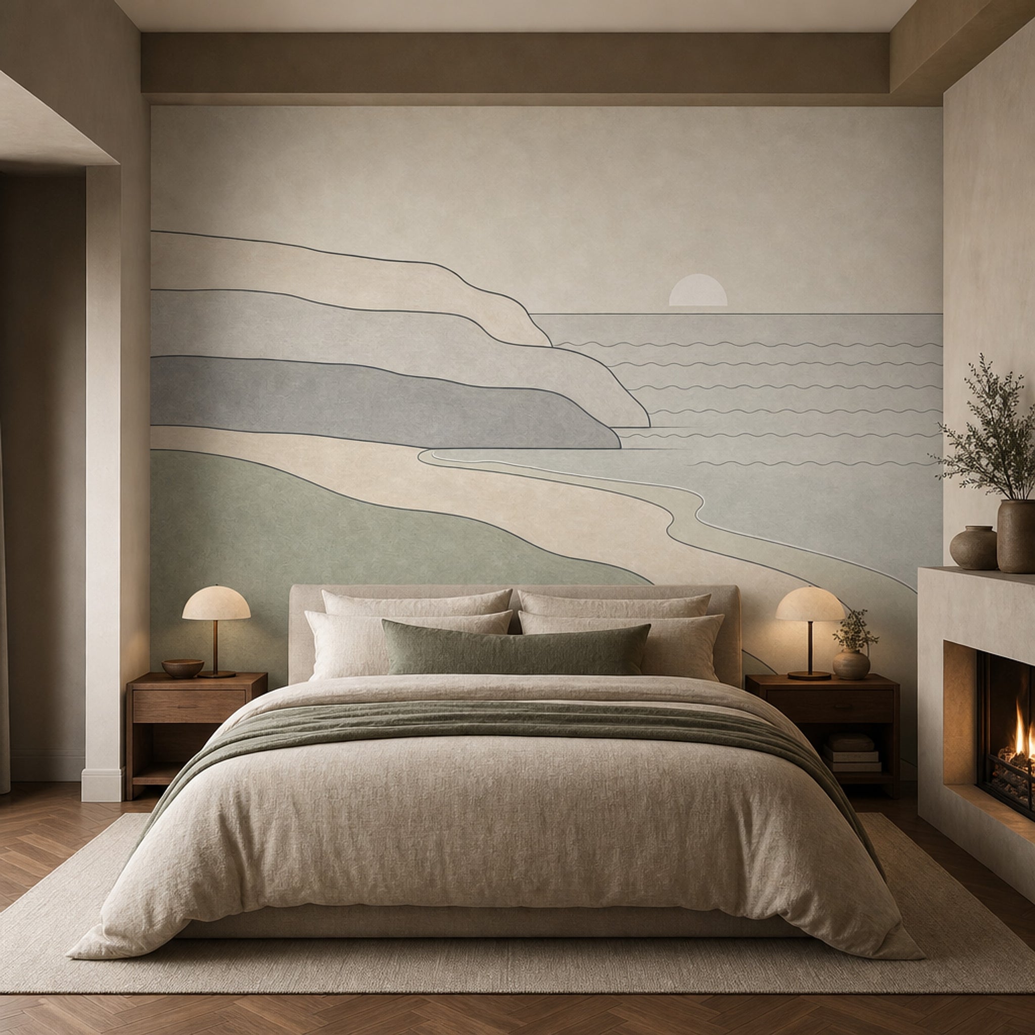 Minimalist Sahil Manzaralı Poster Duvar Kağıdı Bej Yeşil Spa