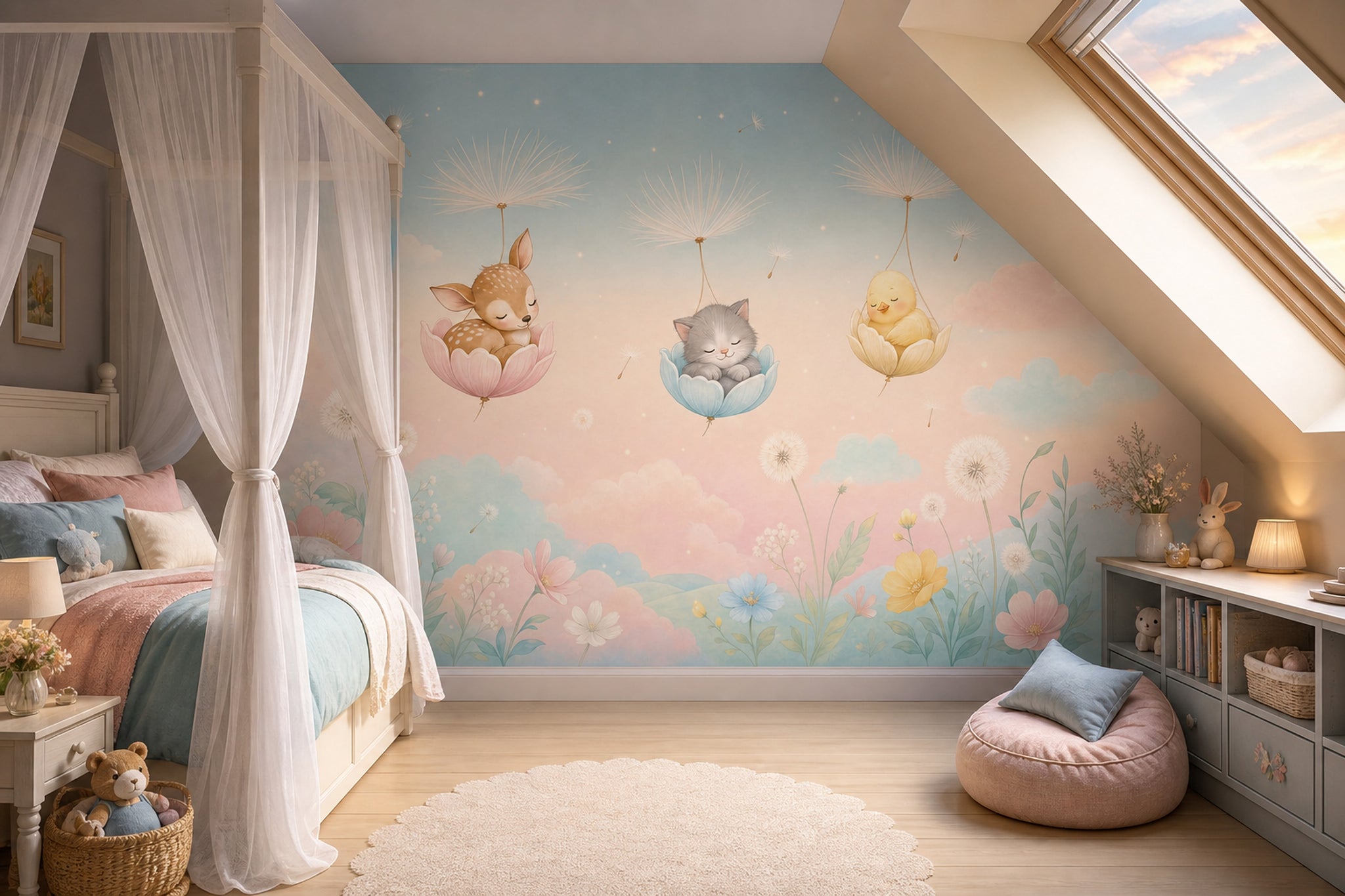 Pastel Uçan Hayvanlı Poster Duvar Kağıdı Bebek Odası Bulutlu