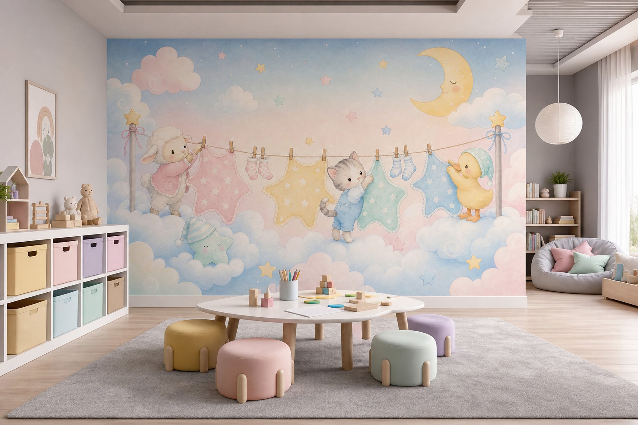 Bulut ve Ay Temalı Poster Duvar Kağıdı Pastel Bebek Odası