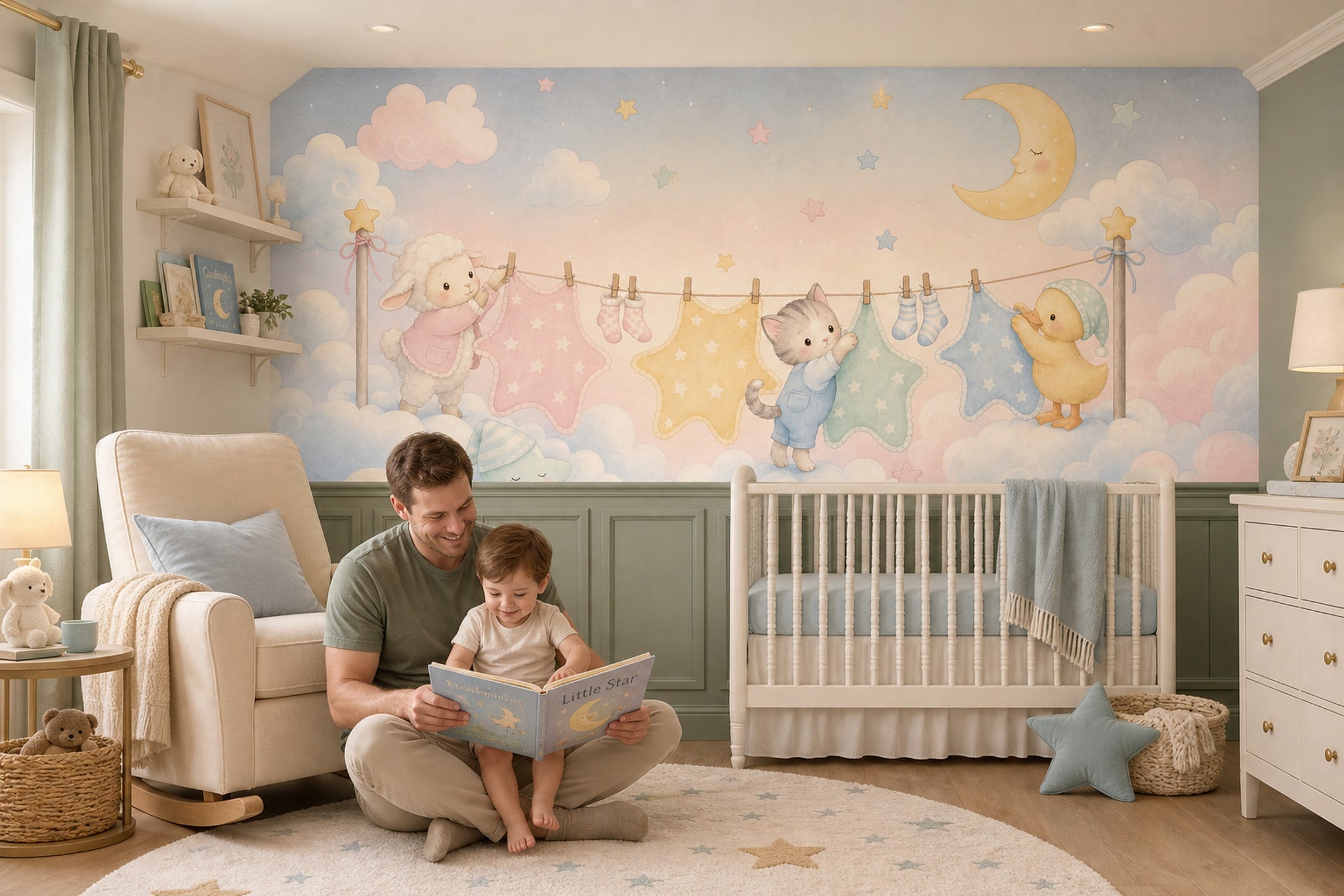 Bulut ve Ay Temalı Poster Duvar Kağıdı Pastel Bebek Odası