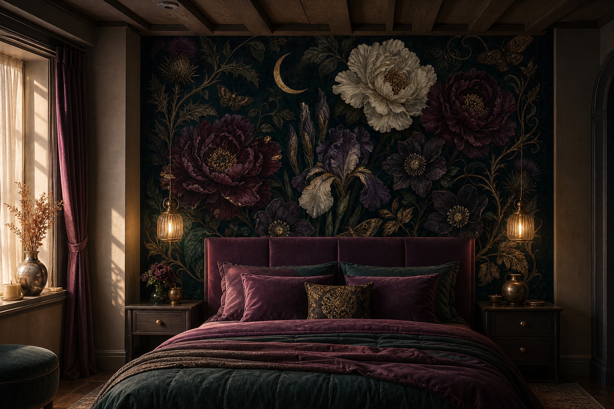 Gece Bahçesi Çiçekli Poster Duvar Kağıdı Koyu Yeşil Yatak Odası