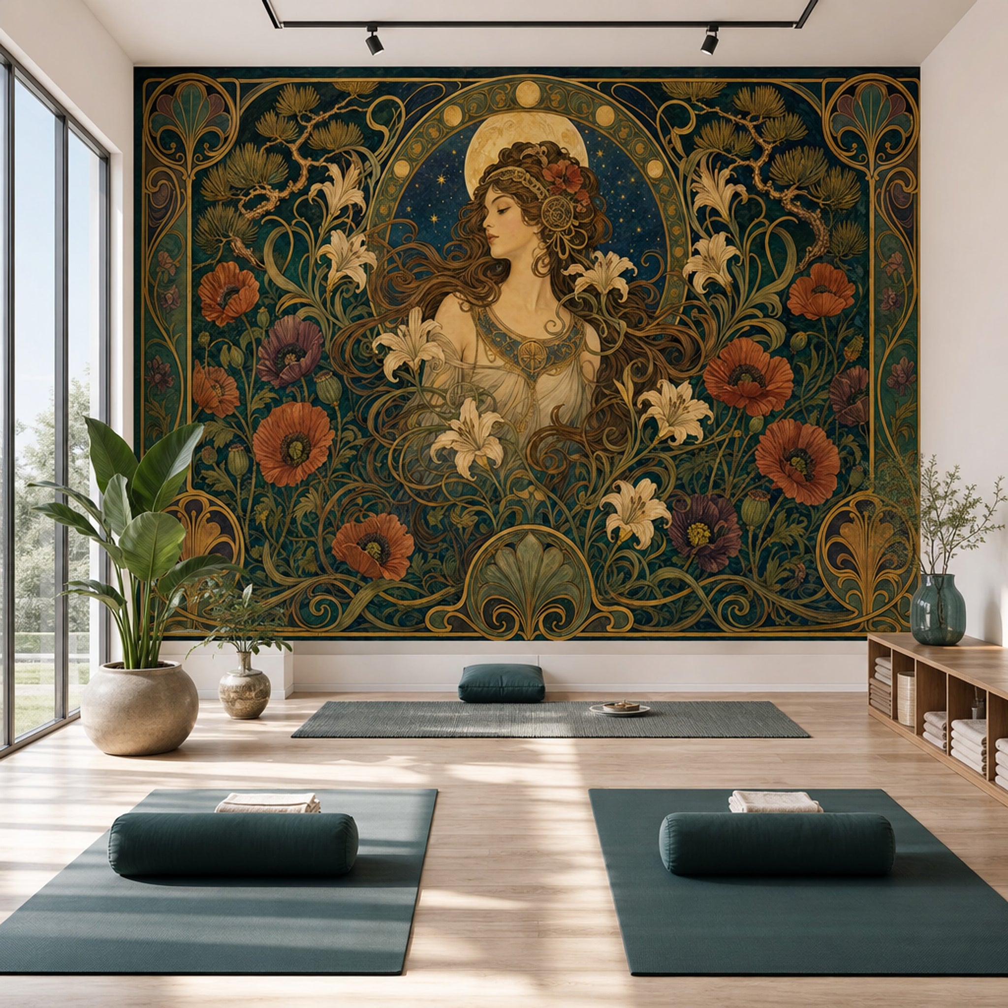 Art Nouveau Kadın Figürlü Poster Duvar Kağıdı Zümrüt Yeşil Salon