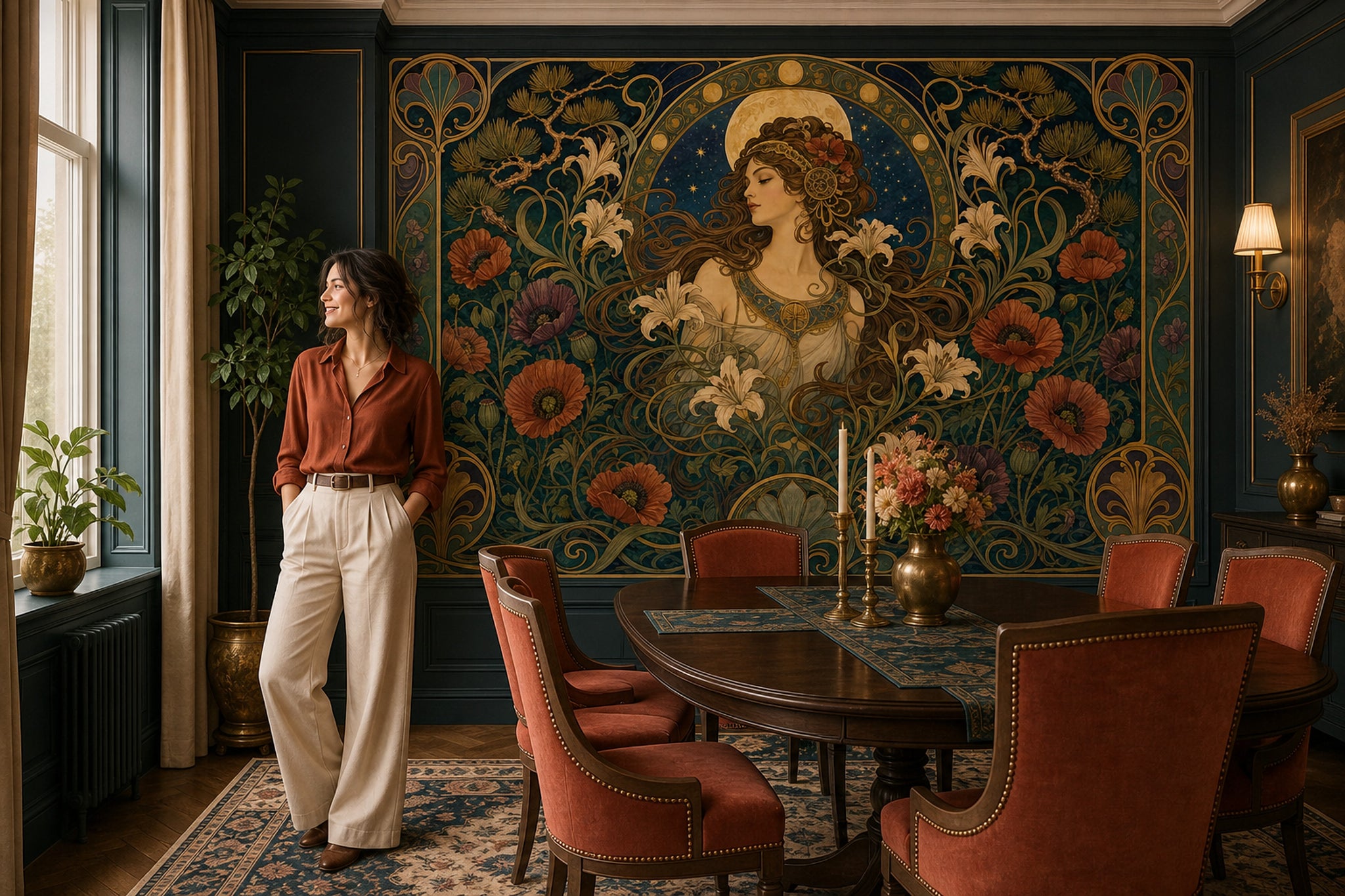 Art Nouveau Kadın Figürlü Poster Duvar Kağıdı Zümrüt Yeşil Salon