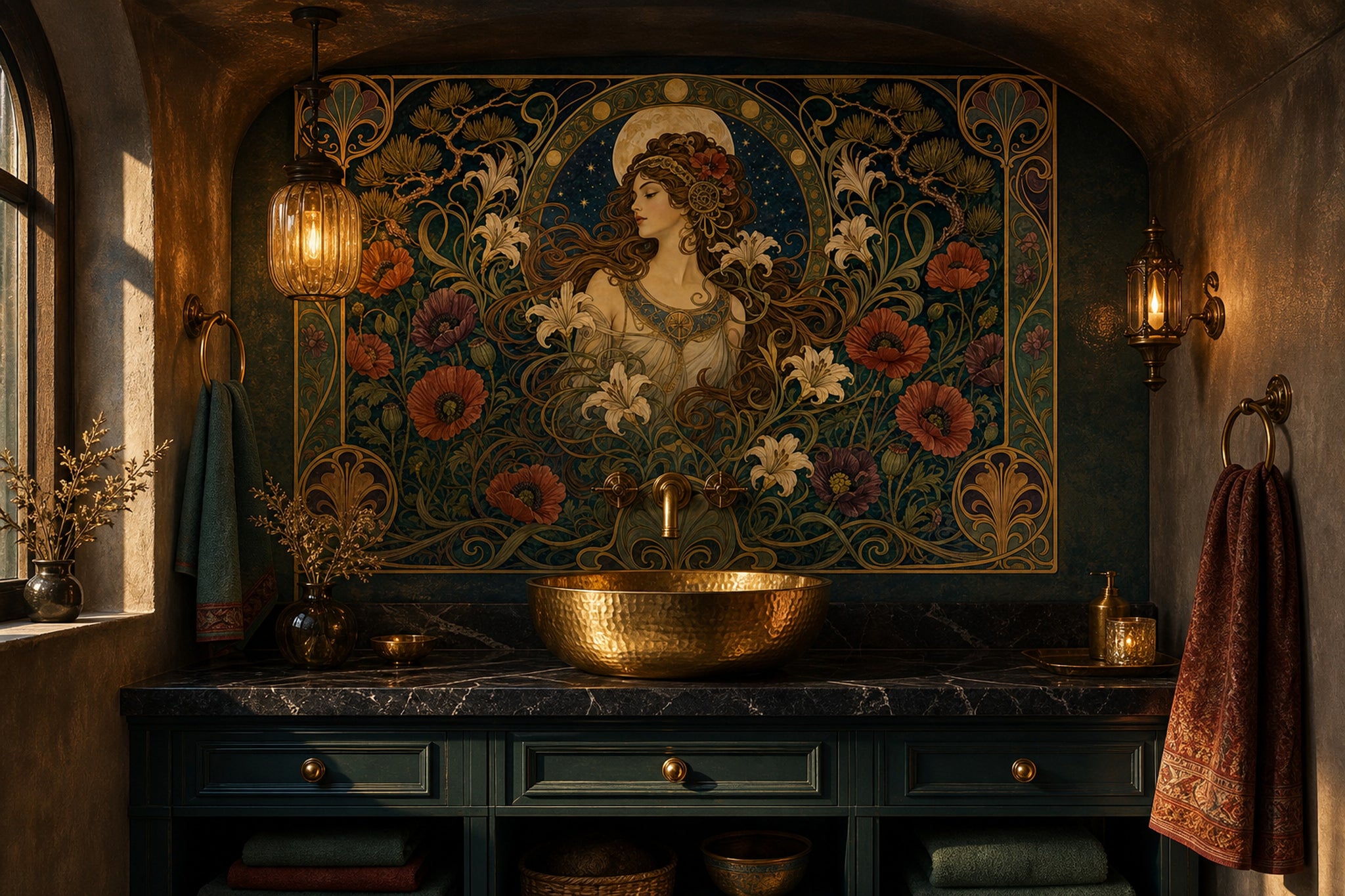Art Nouveau Kadın Figürlü Poster Duvar Kağıdı Zümrüt Yeşil Salon