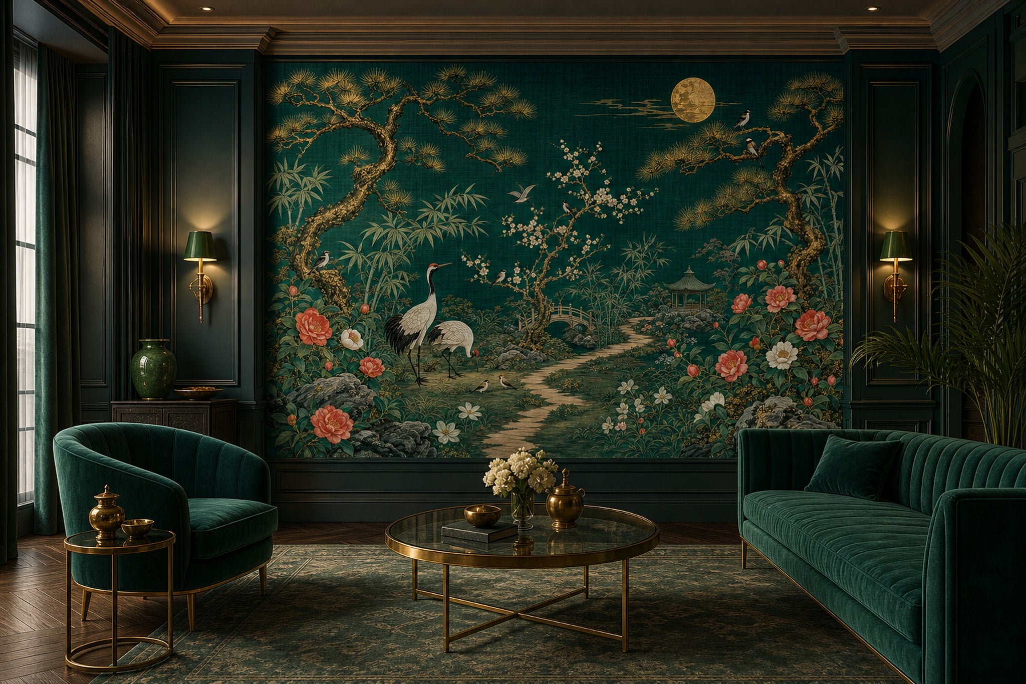 Japon Bahçesi Poster Duvar Kağıdı Zümrüt Yeşil Salon